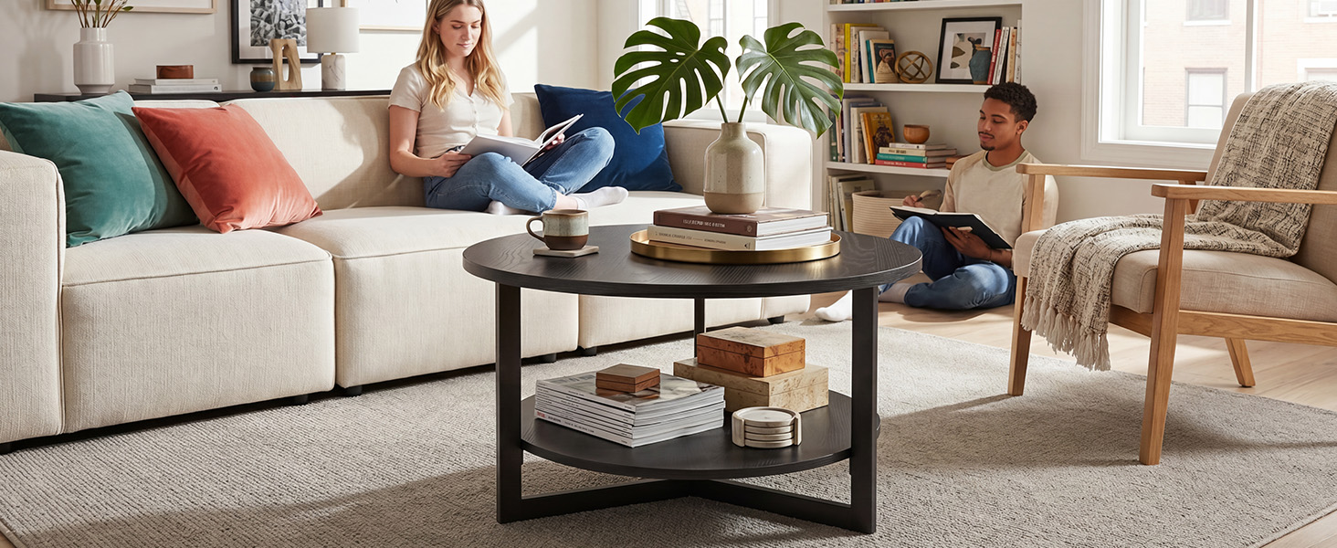 Coffee Table 31.5inch Black Industrial Modern 2 Tier Round Wood Center Table For Home Living Room
