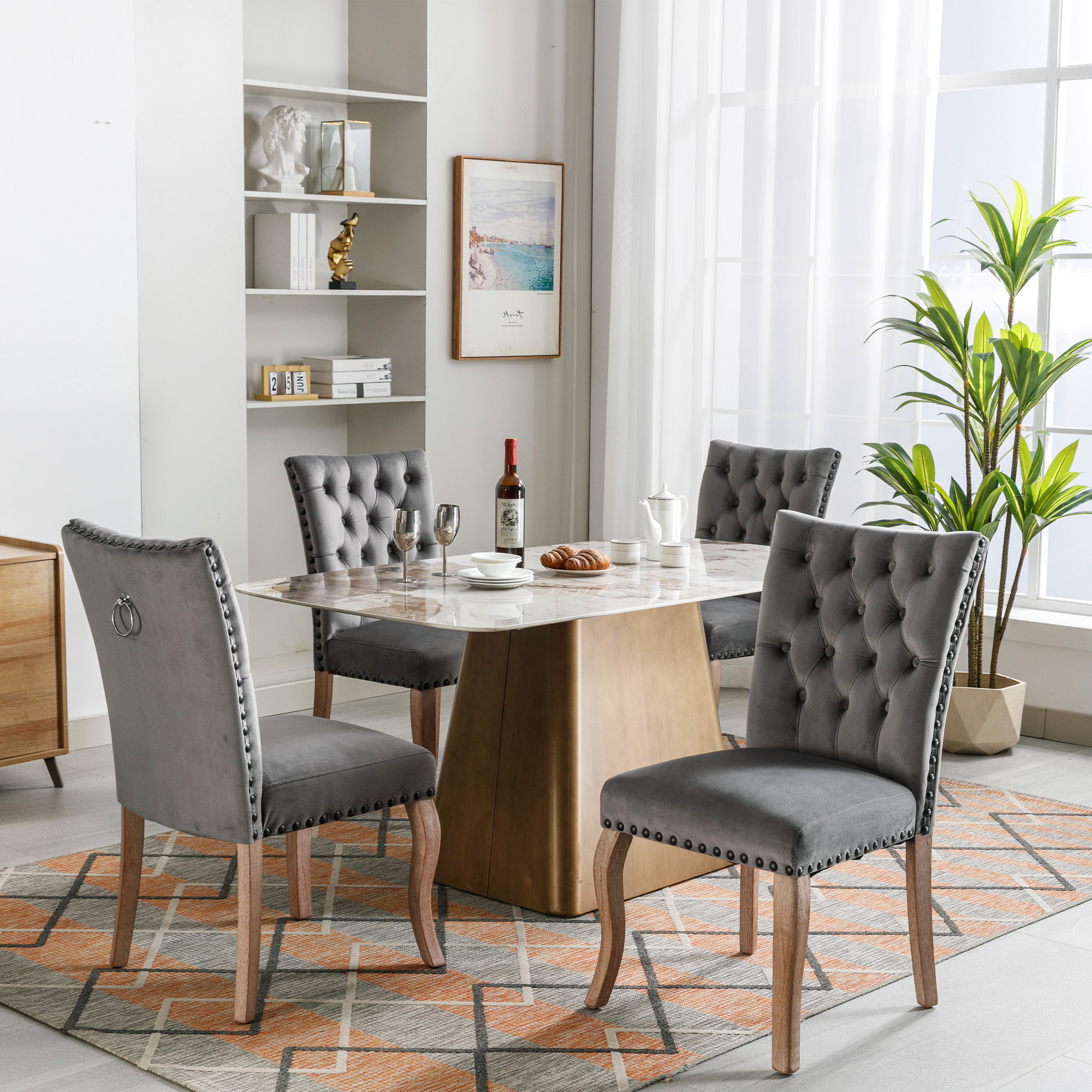 Dining Chair  Kitchen Chair Living Room Chair With Unique Doorknob On The Back, 4 Pcs , Upholstered Chair With Nail Head, Legs Made Of Solid Wood, Vel