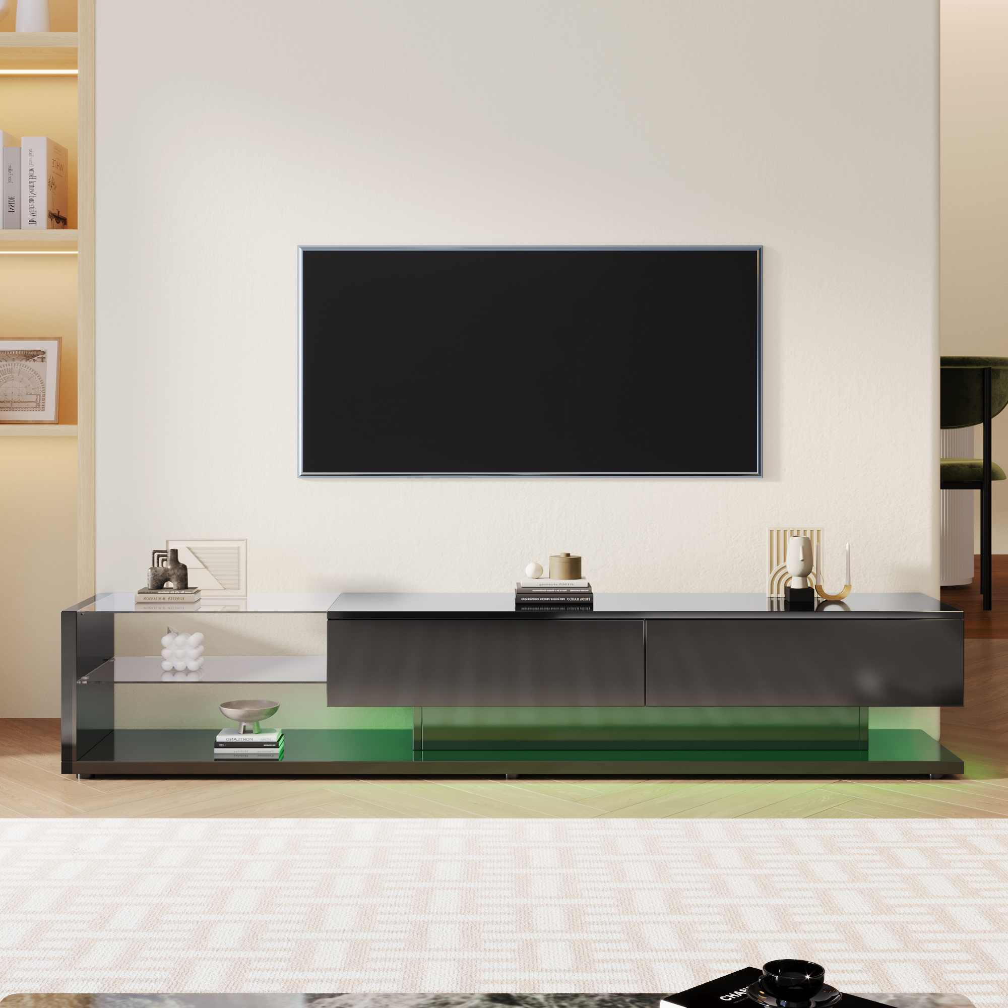 TV Cabinets, Lowboards, High-gloss Living Room Furniture. Glass Partitions And Variable LED Lighting. It Combines Natural, Rustic Style With Modern De