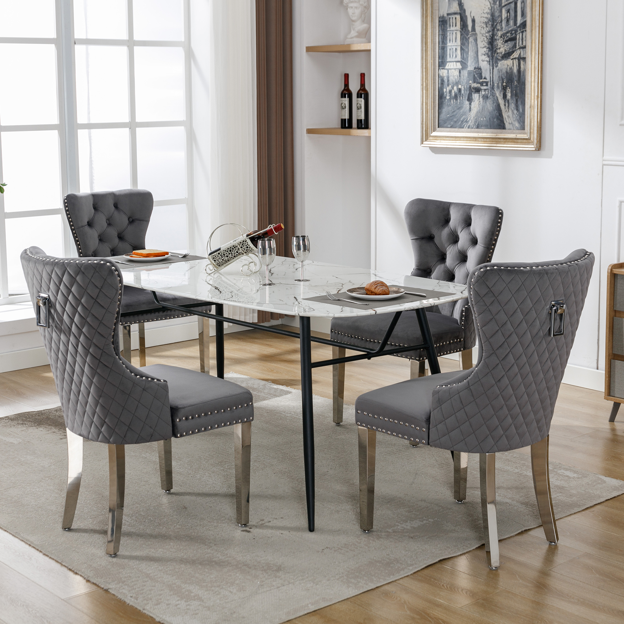 Dining Chair Kitchen Chair Living Room Chair With Unique Door Clamp On The Back, 4 Pieces, Upholstered Chair With Nail Head Occupation,Metal Support L