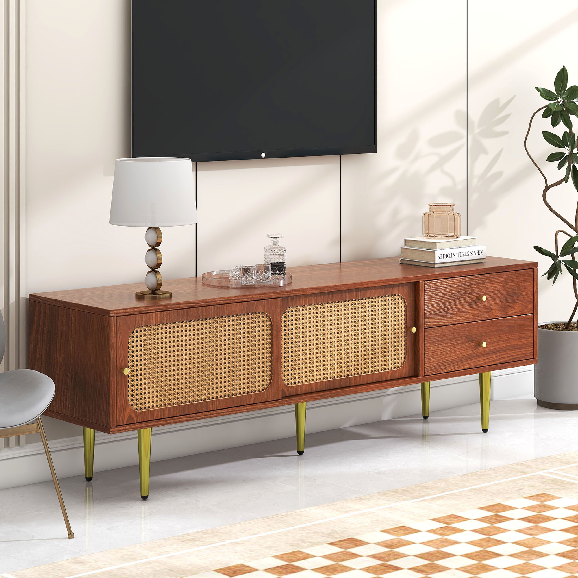 Stylish TV Stand With Rattan Sliding Doors And Practical Drawers, Walnut With Dark Plastic Rattan, 2 Drawers, 2 Rattan Sliding Doors, 4 Storage Compar