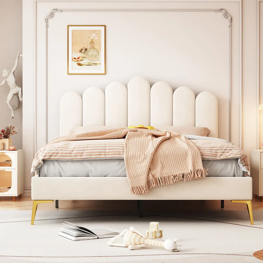 Upholstered Double Bed 140 X 200 Cm Bed Frame With Headboard And Slatt