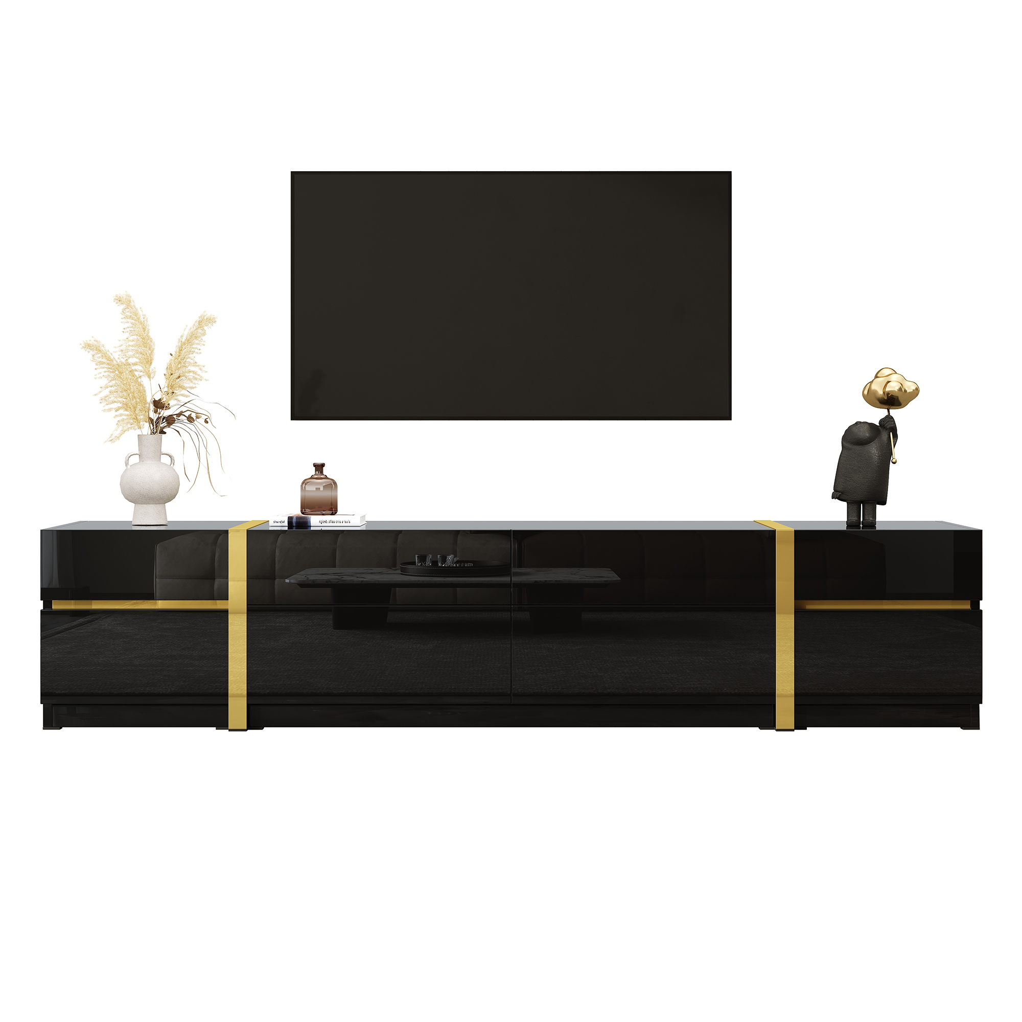 Luxurious TV Stand , TV Cabinet,High Gloss Finish , Gold Tone Edges , With Drawers And Doors , Modern Style , Provides Plenty Of Storage Space For The