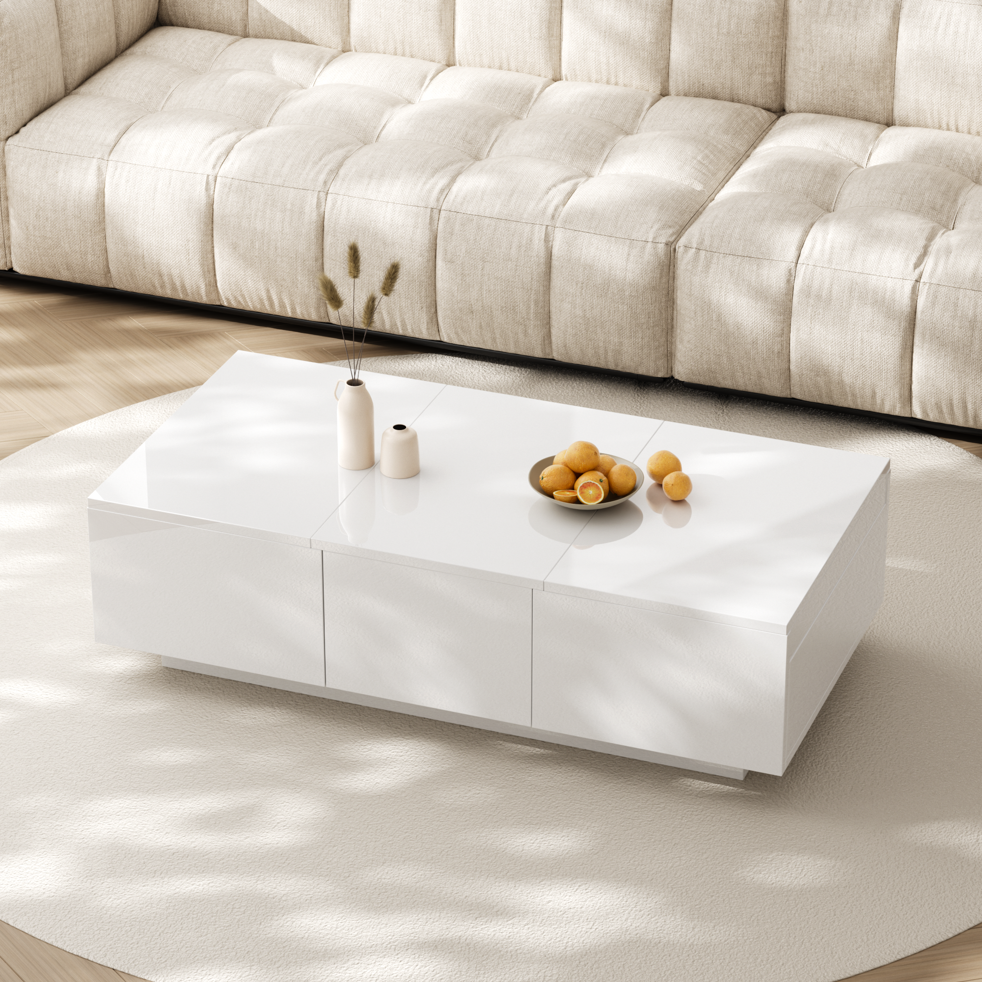 High-gloss Coffee Table With Push-pull Storage Design And Double-sided Drawers.