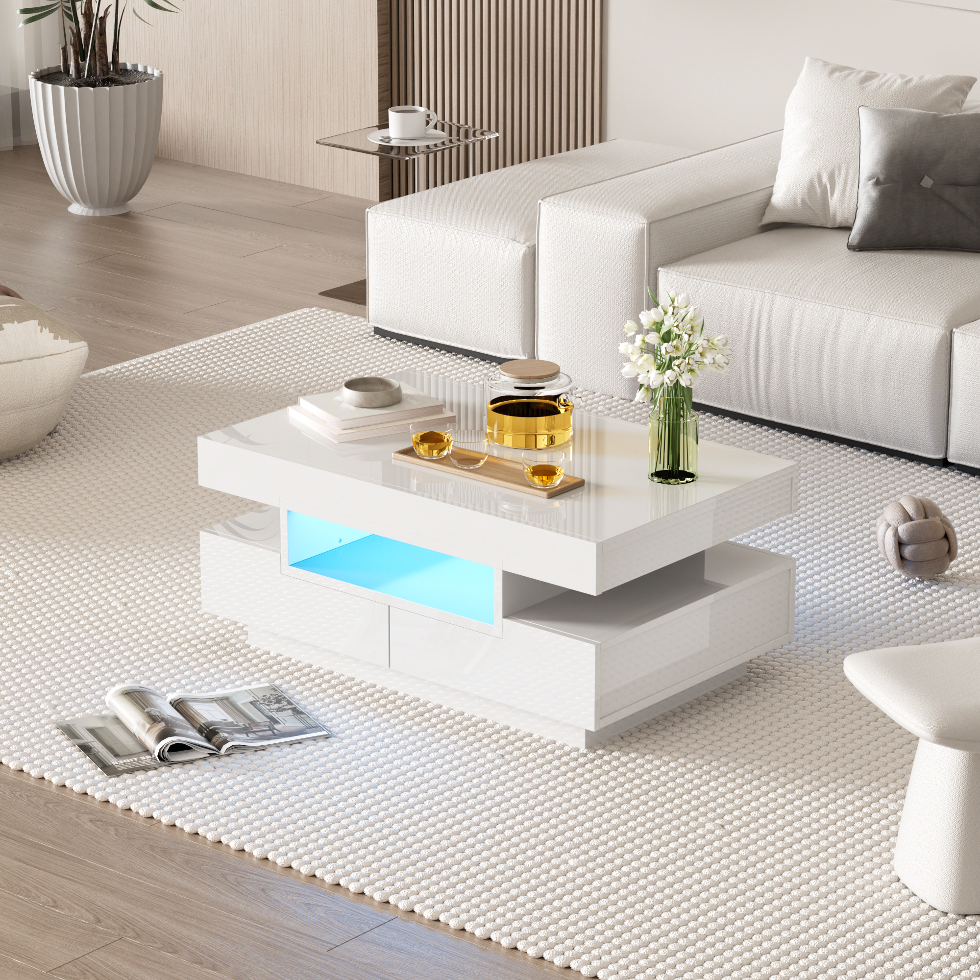 Coffee Table, High-gloss Surface, With LED Light Strip, Four Drawers At The Front And Back, Large Storage Space