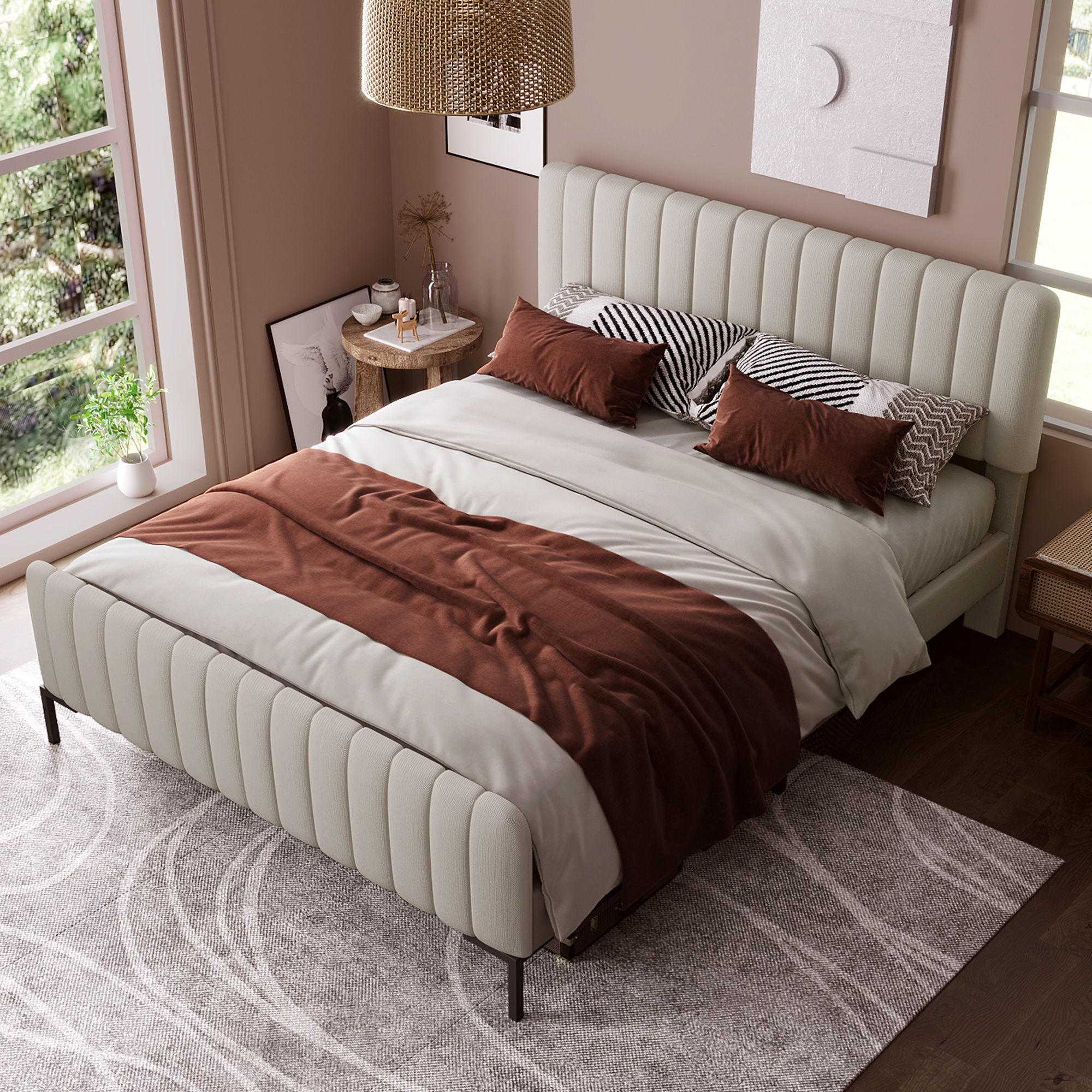 Upholstered Double Bed 160 X 200 Cm, Bed Frame With Lattice And Adjustable Head, Upholstered Bed In Grey Beige,Bed Frame Youth Bed For Bedroom Guest Room Linen Material