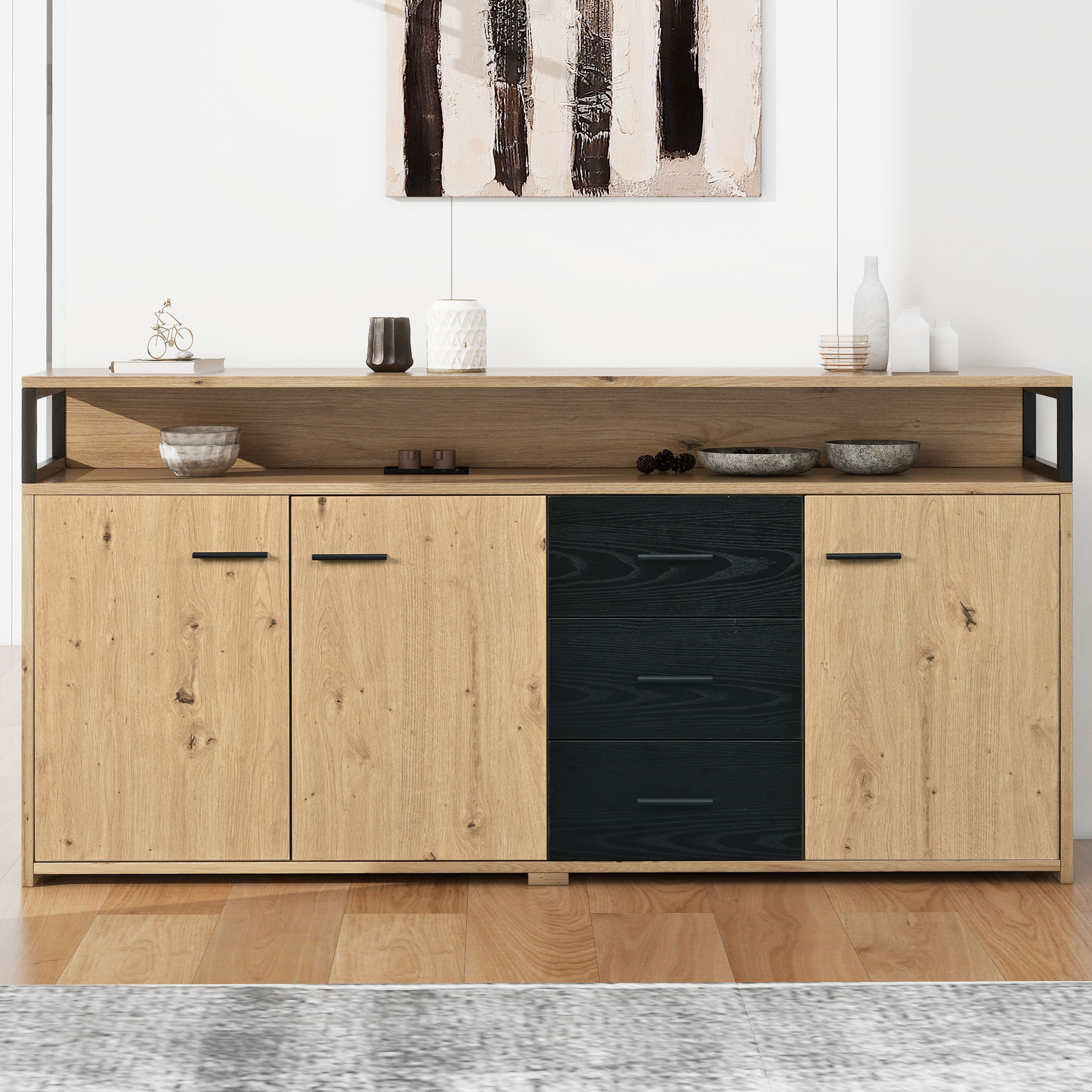 Industrial Sideboard With 3 Doors And 3 Drawers, Chest Of Drawers & Kitchen Cabinet, Multi-purpose Storage Highboard With Metal Handles For Bedroom, L