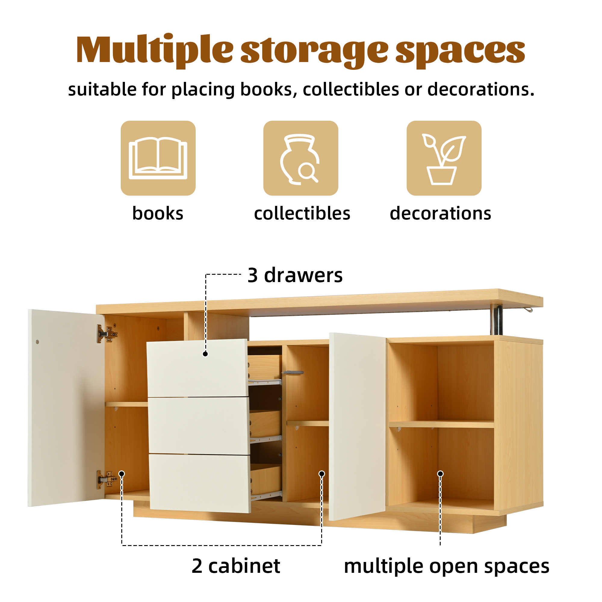 Multifunctional Sideboard, Length 140 Cm, White And Imitation Wood - 2 Doors, 3 Drawers, 2 Open Compartments, With LED Lighting 3