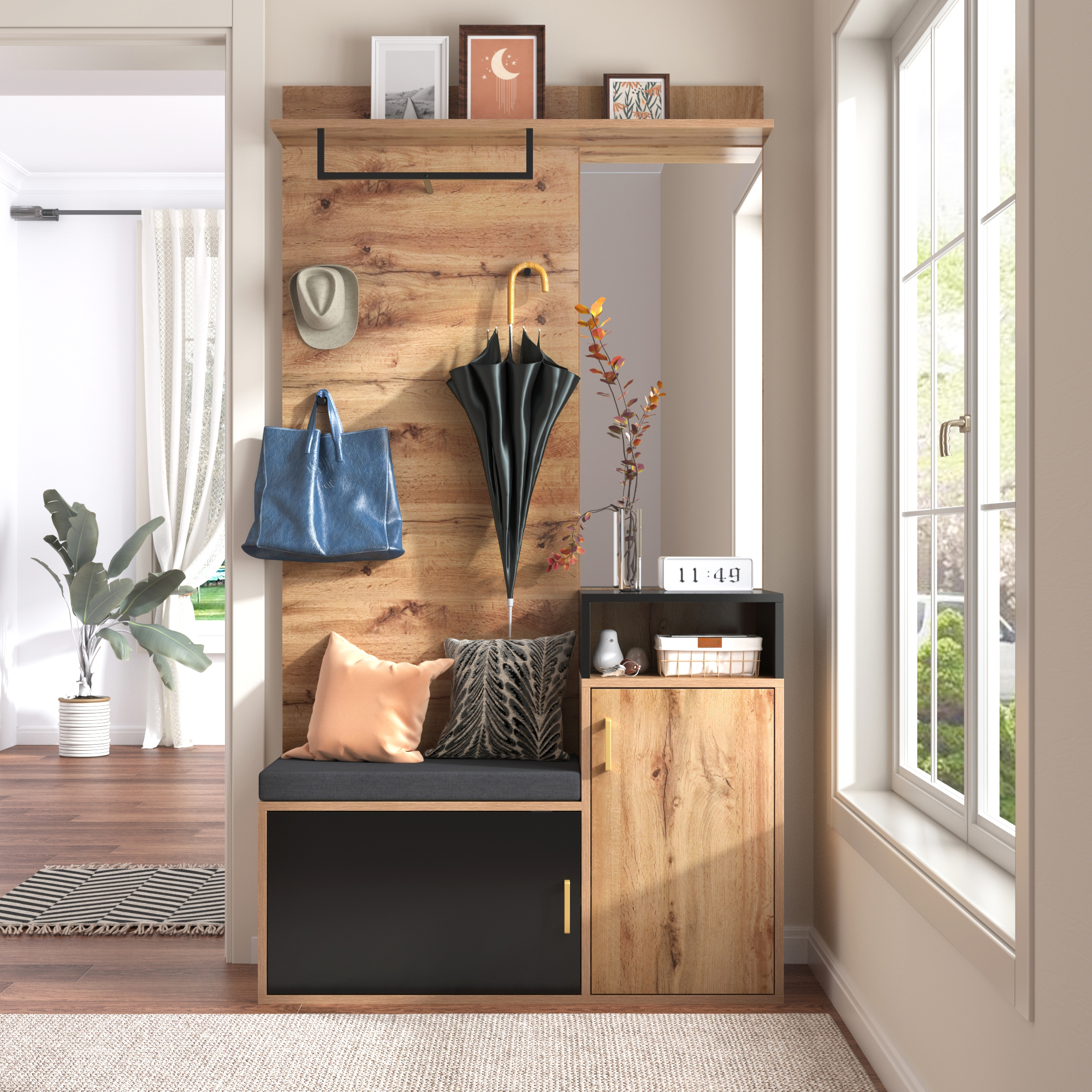 Wardrobe Set With 4 Coat Hooks, Mirror, Shoe Cabinet, Wall-mounted Coat Rack, Top Shelf, Hallway Bench. Not A One-piece Product Requires Drilling And 