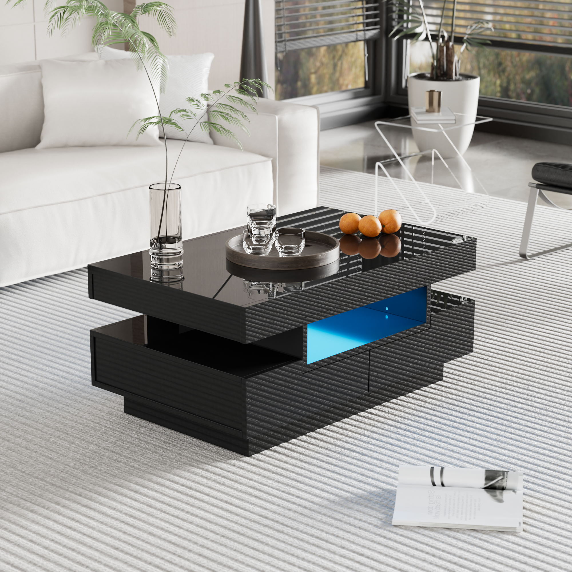 Coffee Table, High-gloss Surface, With LED Light Strip, Four Drawers At The Front And Back, Large Storage Space