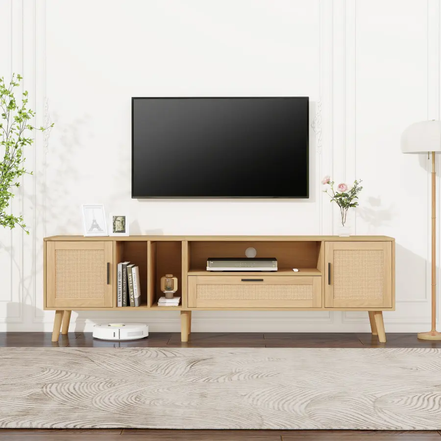 Spacious 180 Cm TV Cabinet With Rattan Decoration