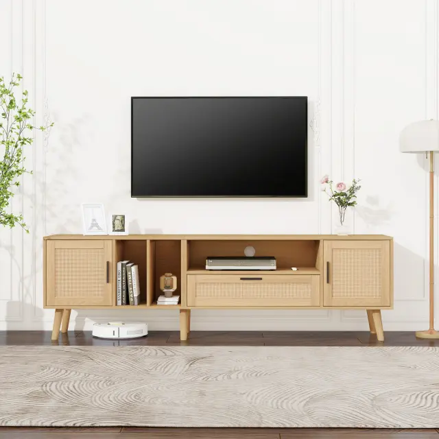 Spacious 180 Cm TV Cabinet With Rattan Decoration