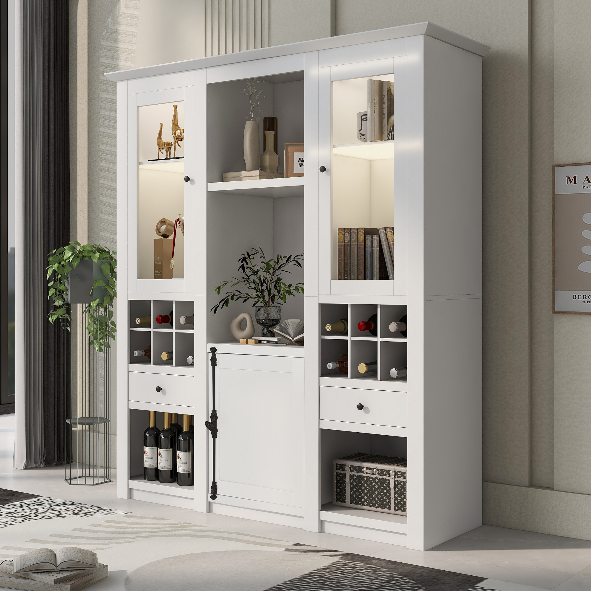 2967707172AAA Showcase With 7-color LED Lighting Display Cabinet Standing Showcase Storage Showcase Cabinet Living Room Cabinet White LED Showcase 3-piece Living Room LED Display Cabinets