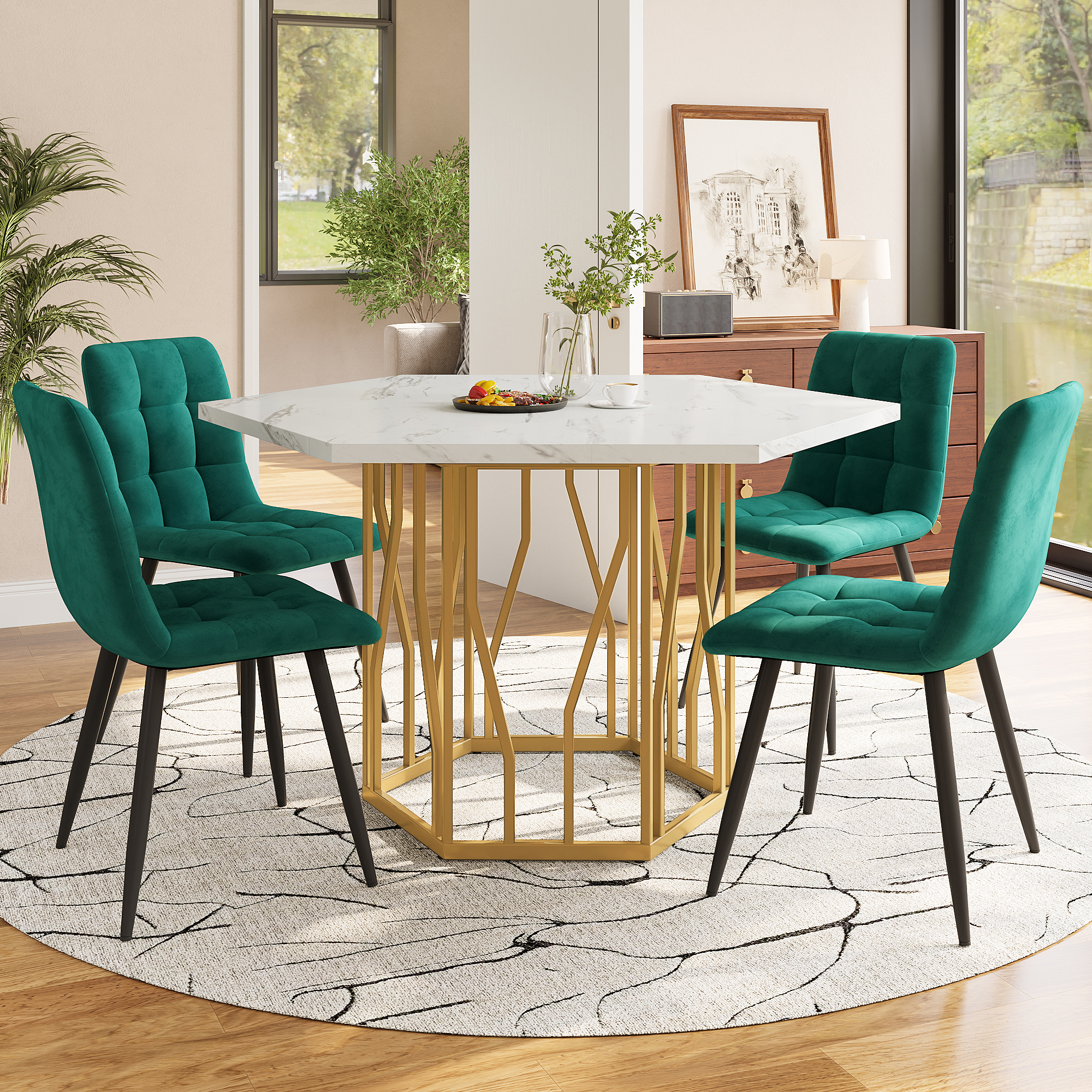 Dining Table And Chair Set 5-Piece Set, Modern Hexagonal Marble Dining Table, 4 Dining Chairs In Green Velvet, To Create A Warm And Modern Restaurant,