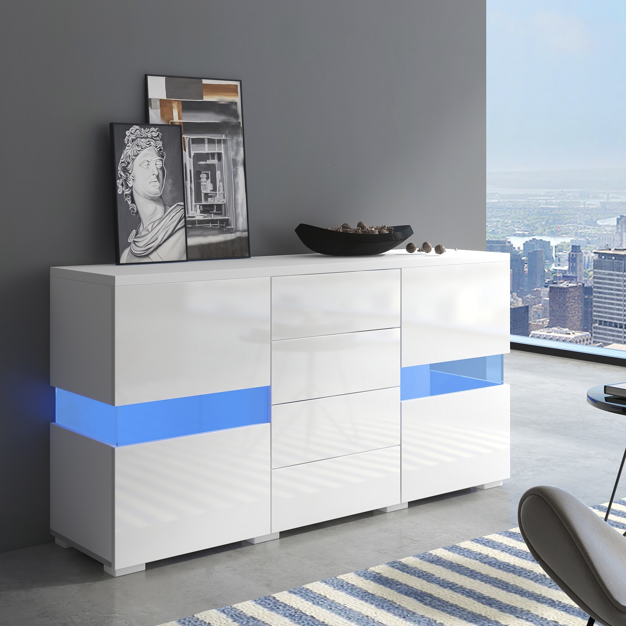 High Gloss White Sideboard Storage Cabinet Cabinet Unit With 16 Colors LED Lights For Dining Room Living Room