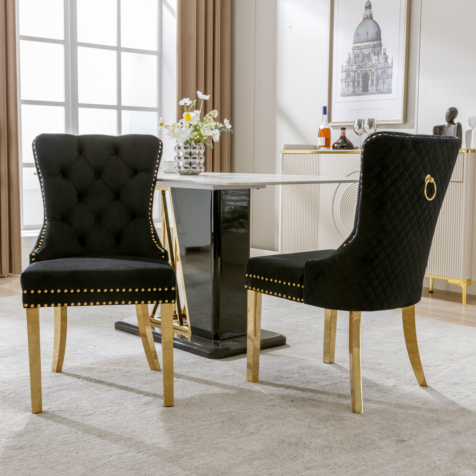 Dining Chair Kitchen Chair Living Room Chair With Unique Round Pull Rings On The Back, 2 Pcs, Upholstered Chair With Nailhead Trim, Gold Plated Stainl