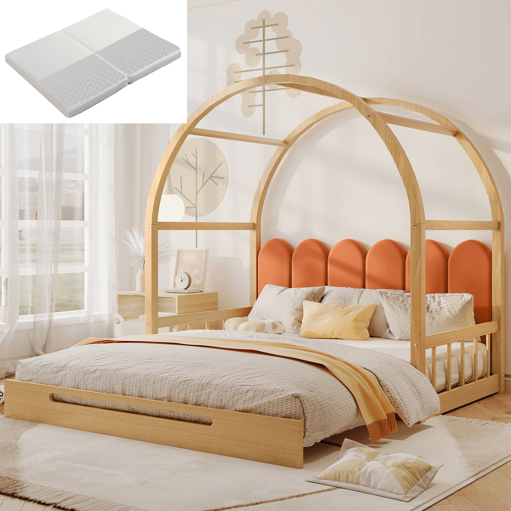 Expandable Arched Canopy Bed With Mattress, Sliding Bed, Children's Bed, Daybed, Double Bed, Velvet Cushions, Frame Made Of Pine Wood, Natural And Orange 140x100cm & 140x200cm