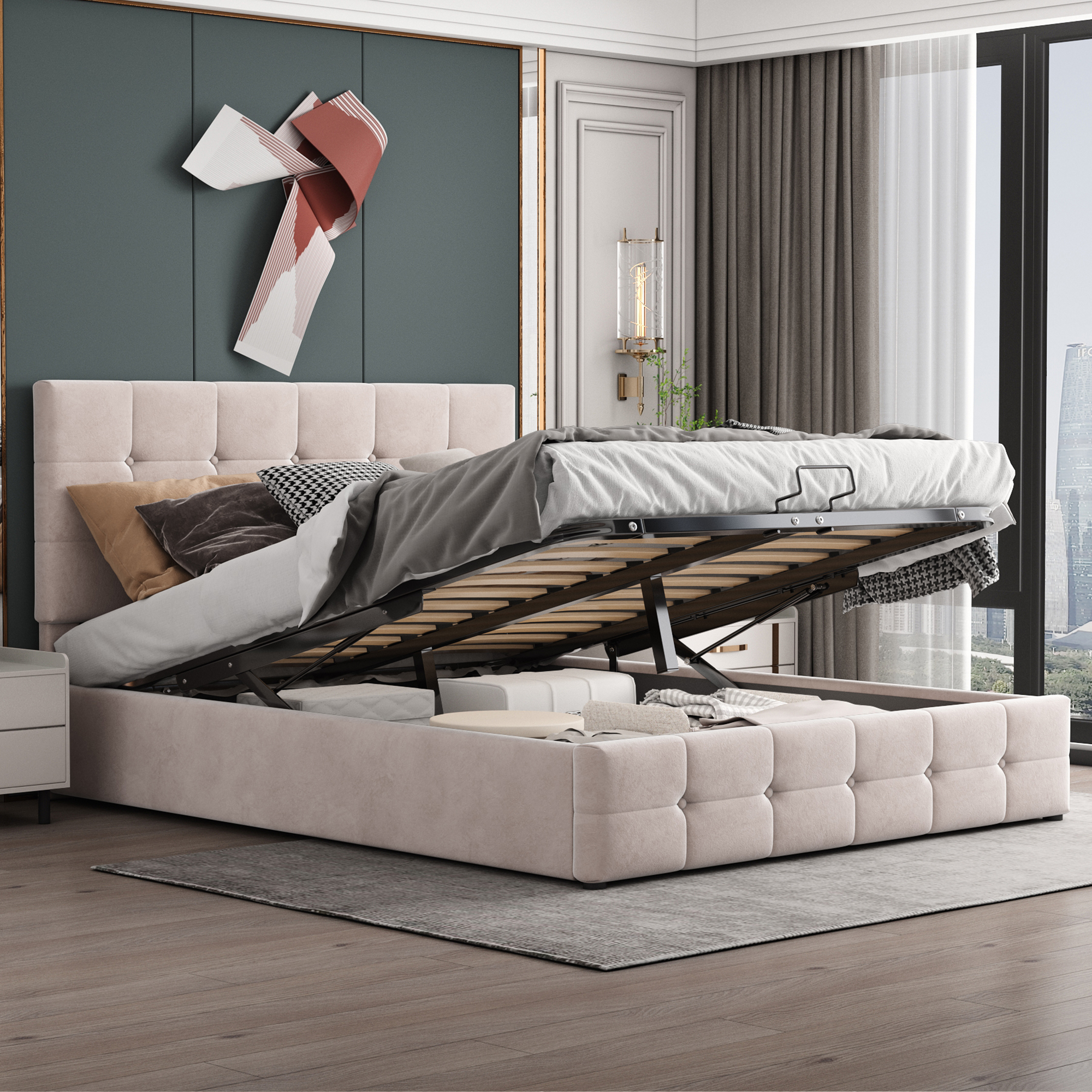 Upholstered Bed 140x200 Cm, Double Bed With Hydraulic Storage Lift, Height-adjustable Upholstered Headboard, Metal Slatted Base, Skin-friendly Velvet Fabric Suitable For Adults And Teens, Cream-whi