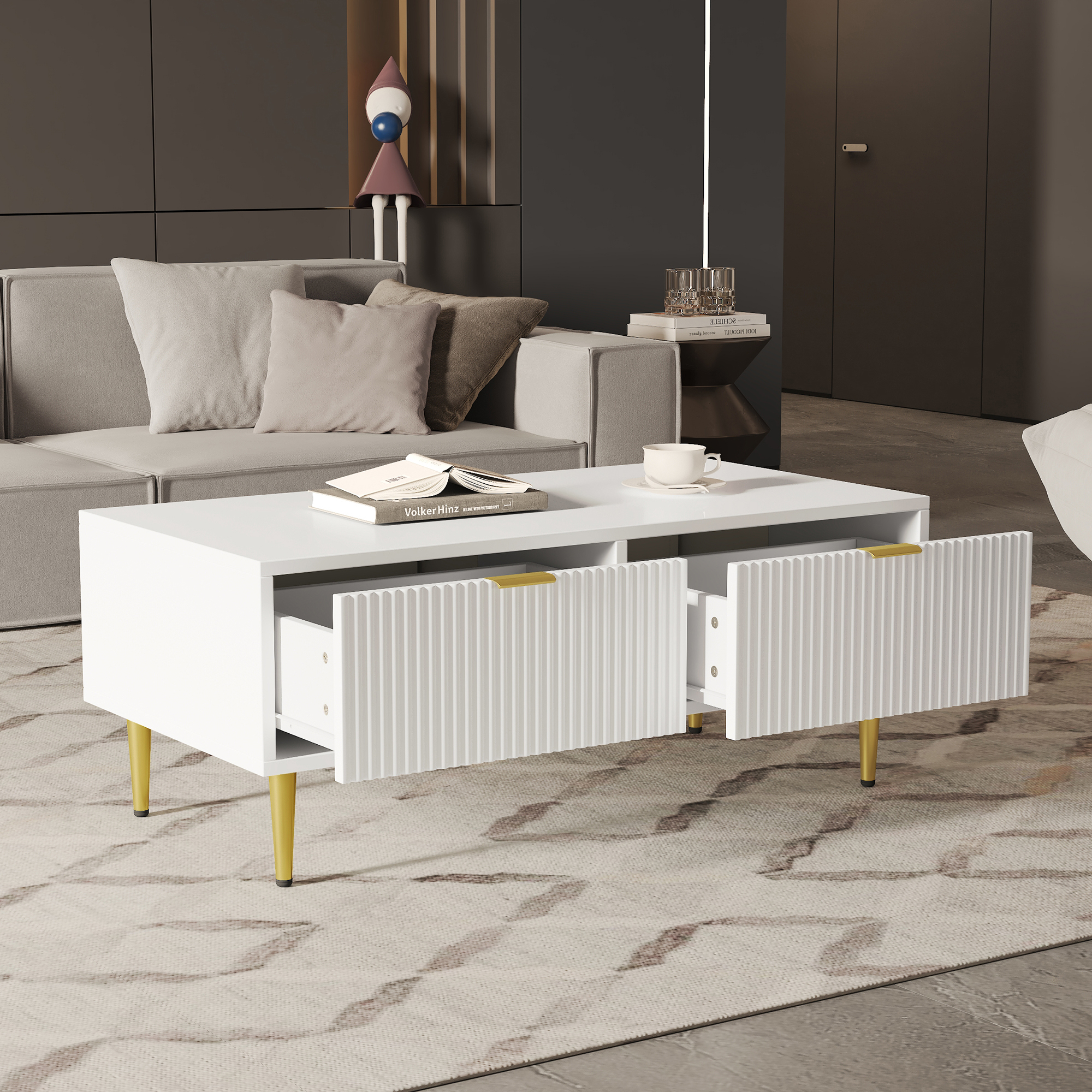 Modern White Coffee Table With Golden Accents, 2 Drawers, Vertical Stripe Design, 100x50x40cm, Living Room Coffee Table, Sofa Short Cabinet