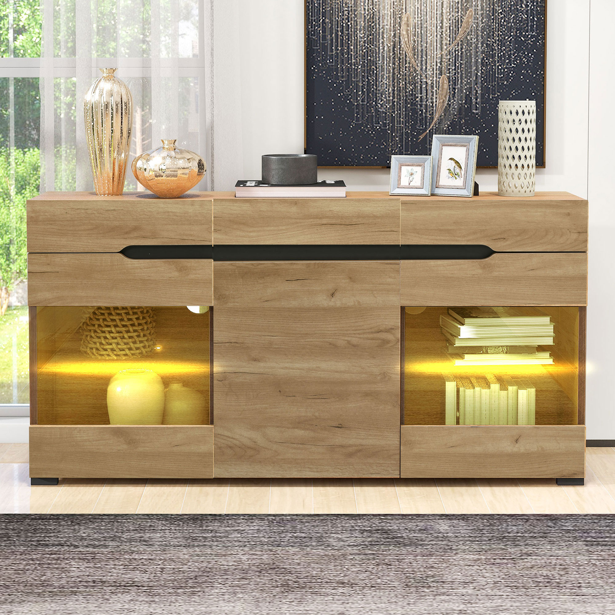 LED Sideboard Cabinet Modern Living Room Credenza Furniture 3 Doors 3 Drawers Modern Dresser With Plenty Of Storage For Your Living Area