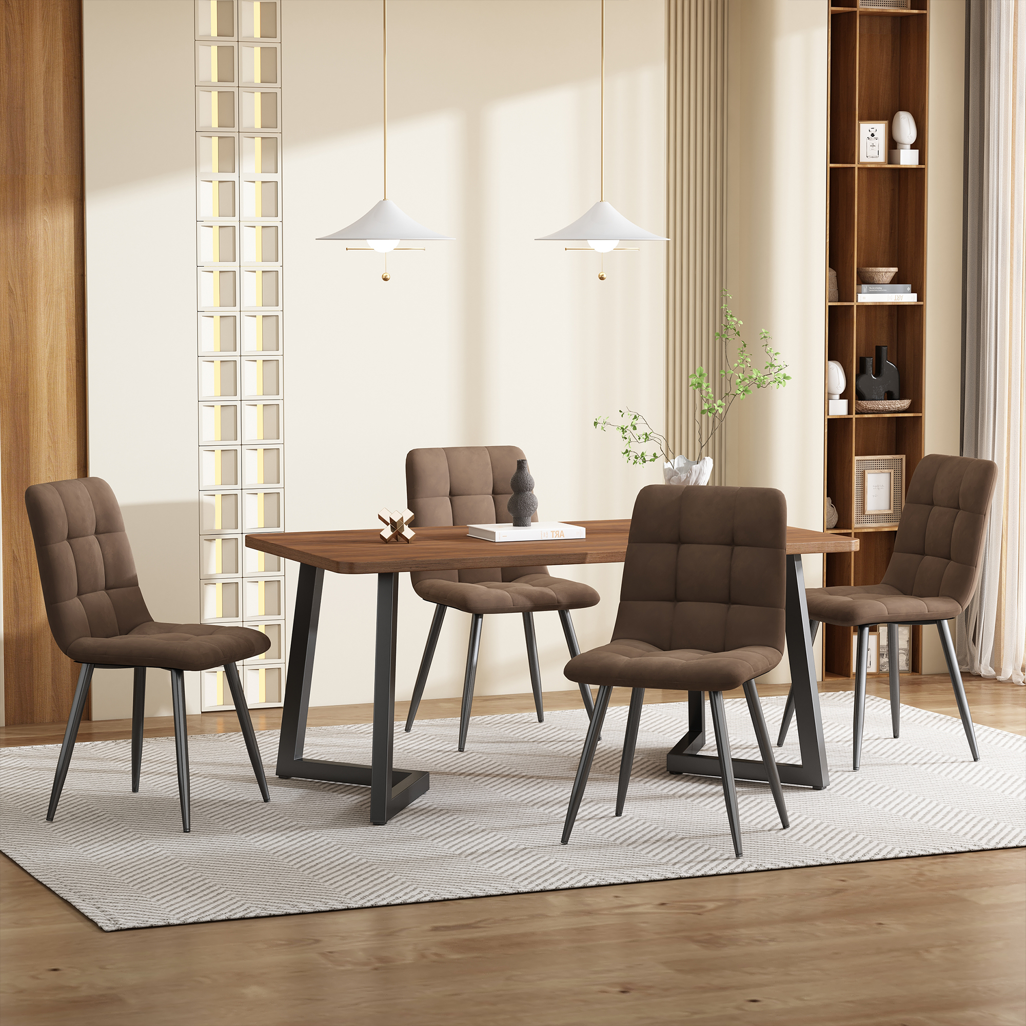 5-piece Dining Set With Table And 4 Chairs, Modern Kitchen Table Set, Wood Grain Kitchen Table With Black Metal Legs, MDF Tabletop In Walnut Color, Br