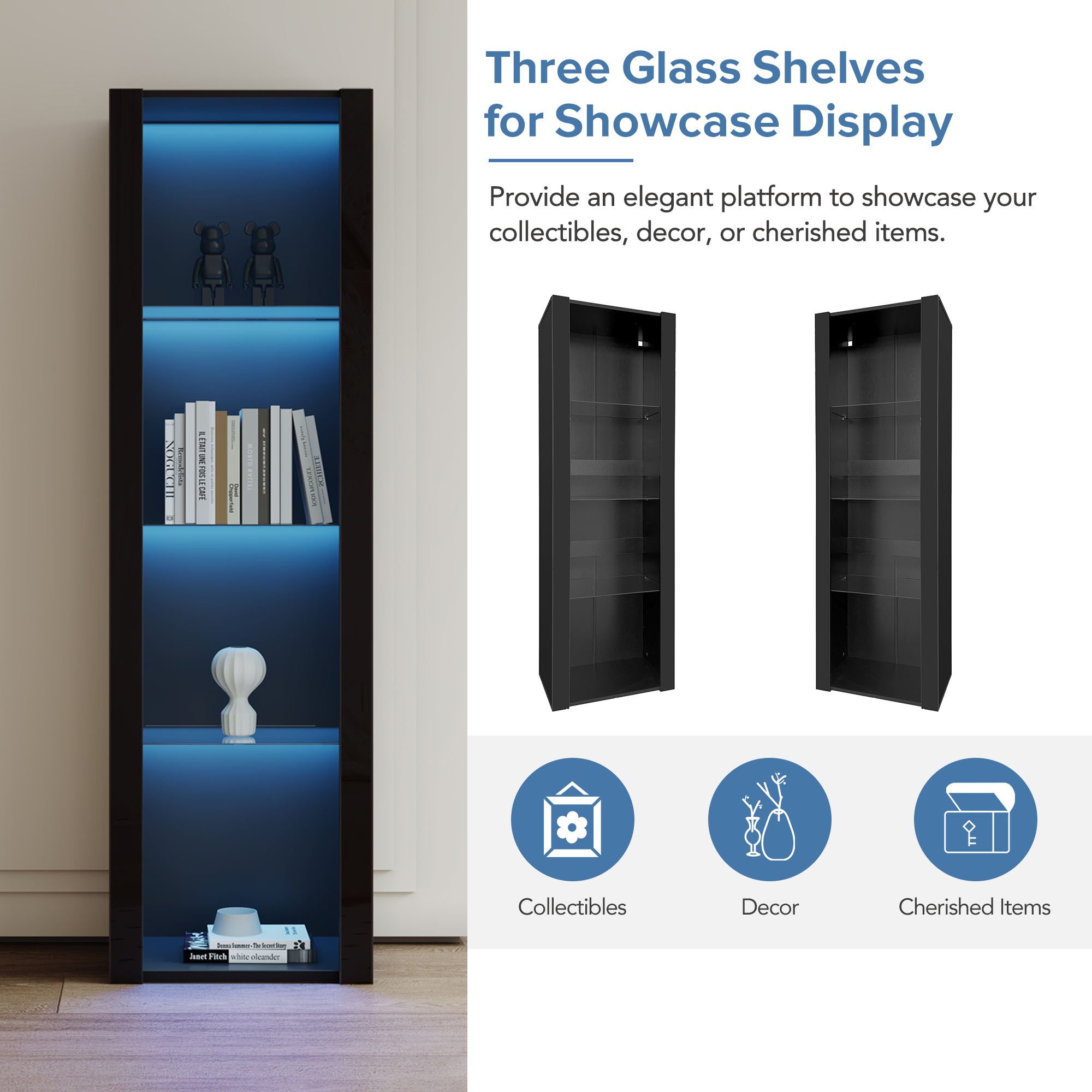 Black High-Gloss Display Cabinet With LED Lighting, 3 Glass Shelves, 55 X 38 X 166 Cm  Display Case, Freestanding Cabinet, Tall Cabinet, Storage Cabinet - photo 4