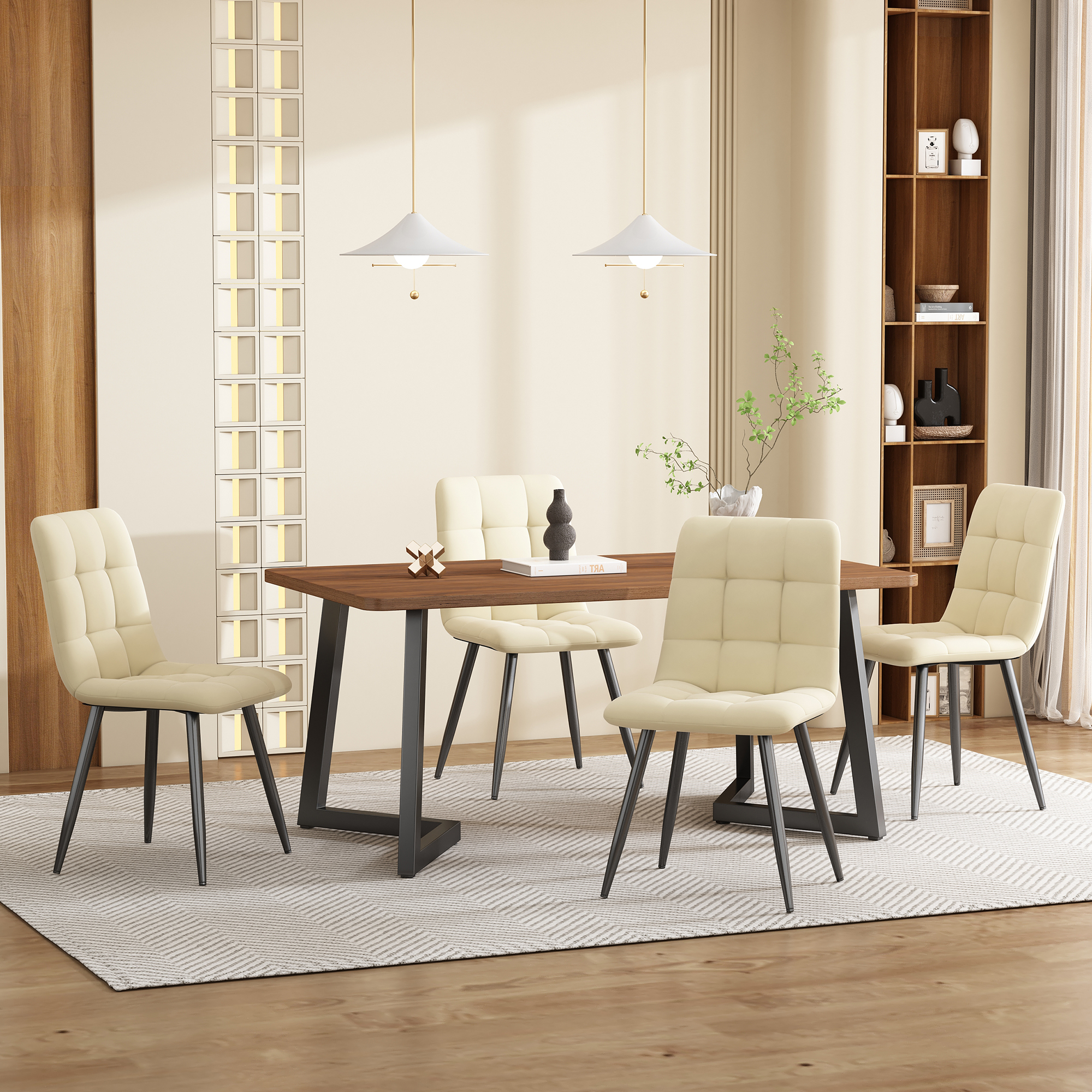5-Piece Dining Set Table And 4 Chairs, Modern Kitchen Table Set, Kitchen Table With Wood-Grain Finish And Black Metal Legs, Walnut-Colored MDF Tableto