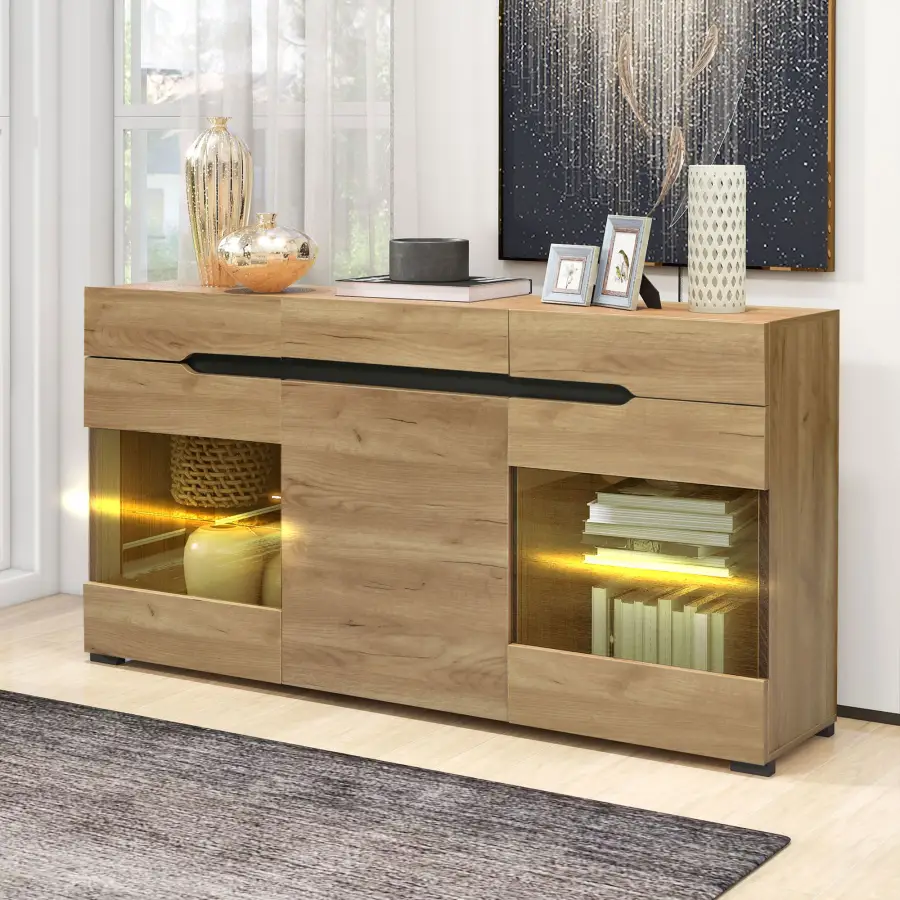 LED Sideboard Cabinet Modern Living Room Credenza Furniture 3 Doors 3