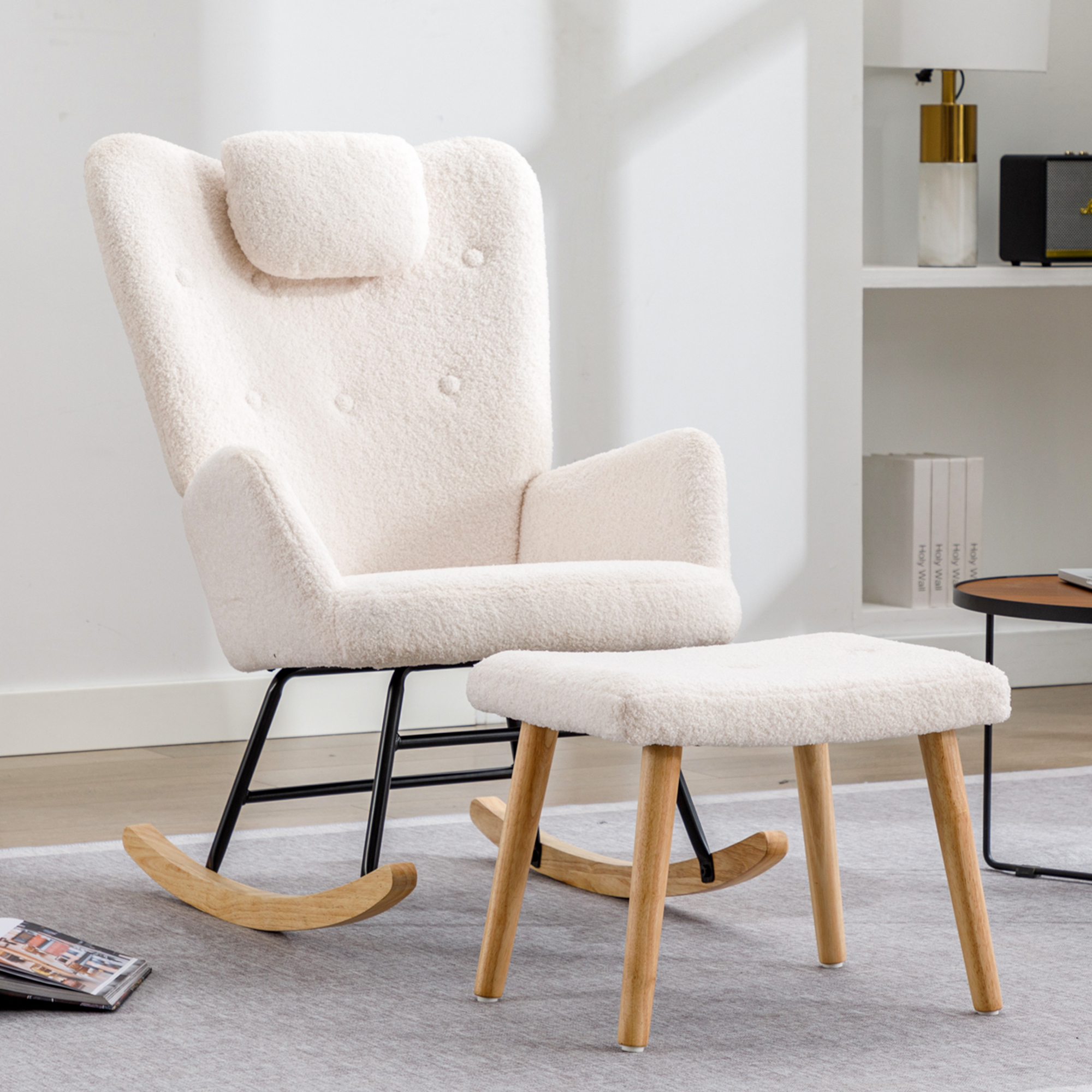 Comfortable White Rocking Chair, Soft Teddy Plush Rocking Chair With Neck Cushion And Footrest - Load Capacity Up To 100 Kg