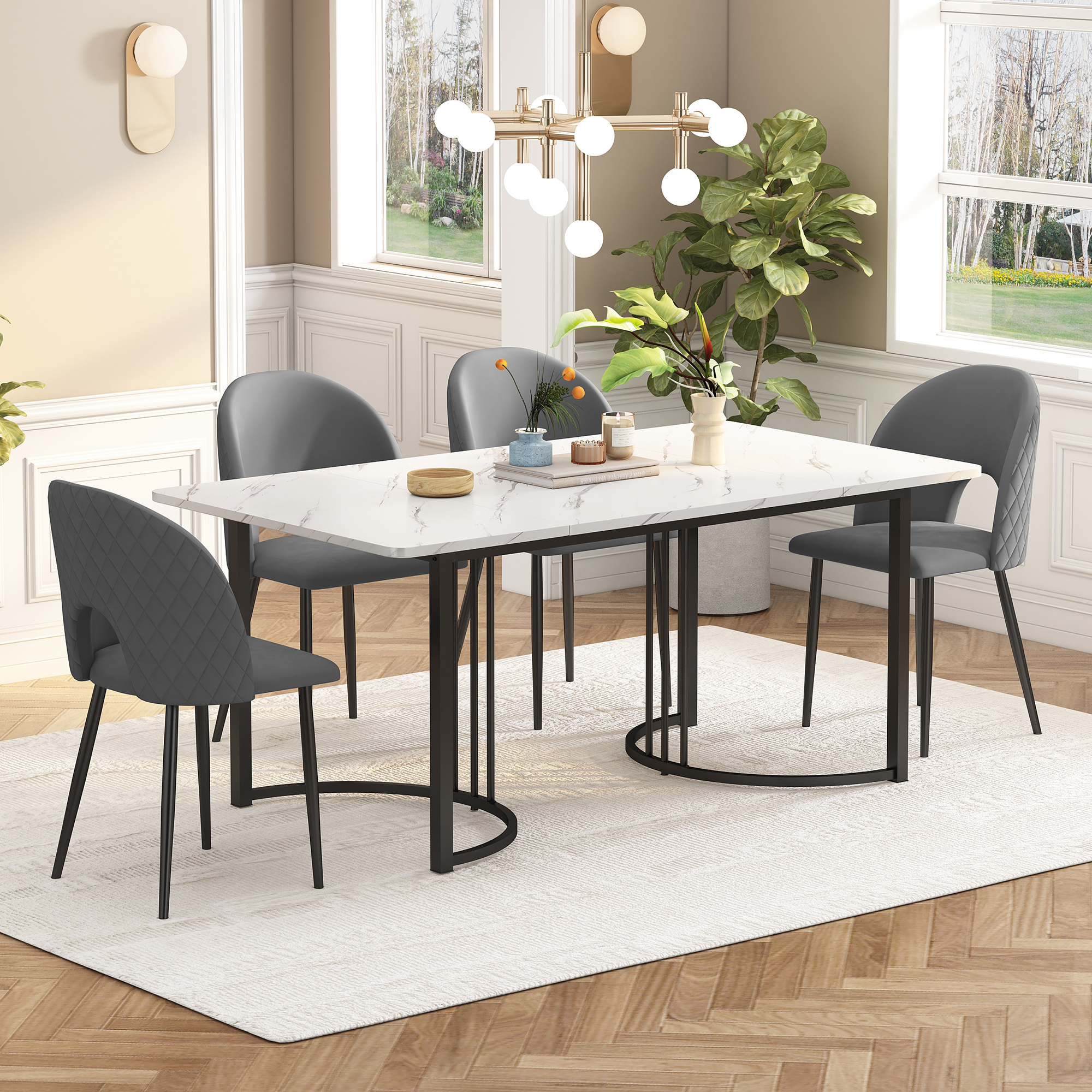 Dining Set, Set, 140x80cm Dining Table With 4 Chairs Modern Kitchen Table Set, Velvet Dining Chair With Diamond Pattern, Adjustable Chair Legs, Gray V