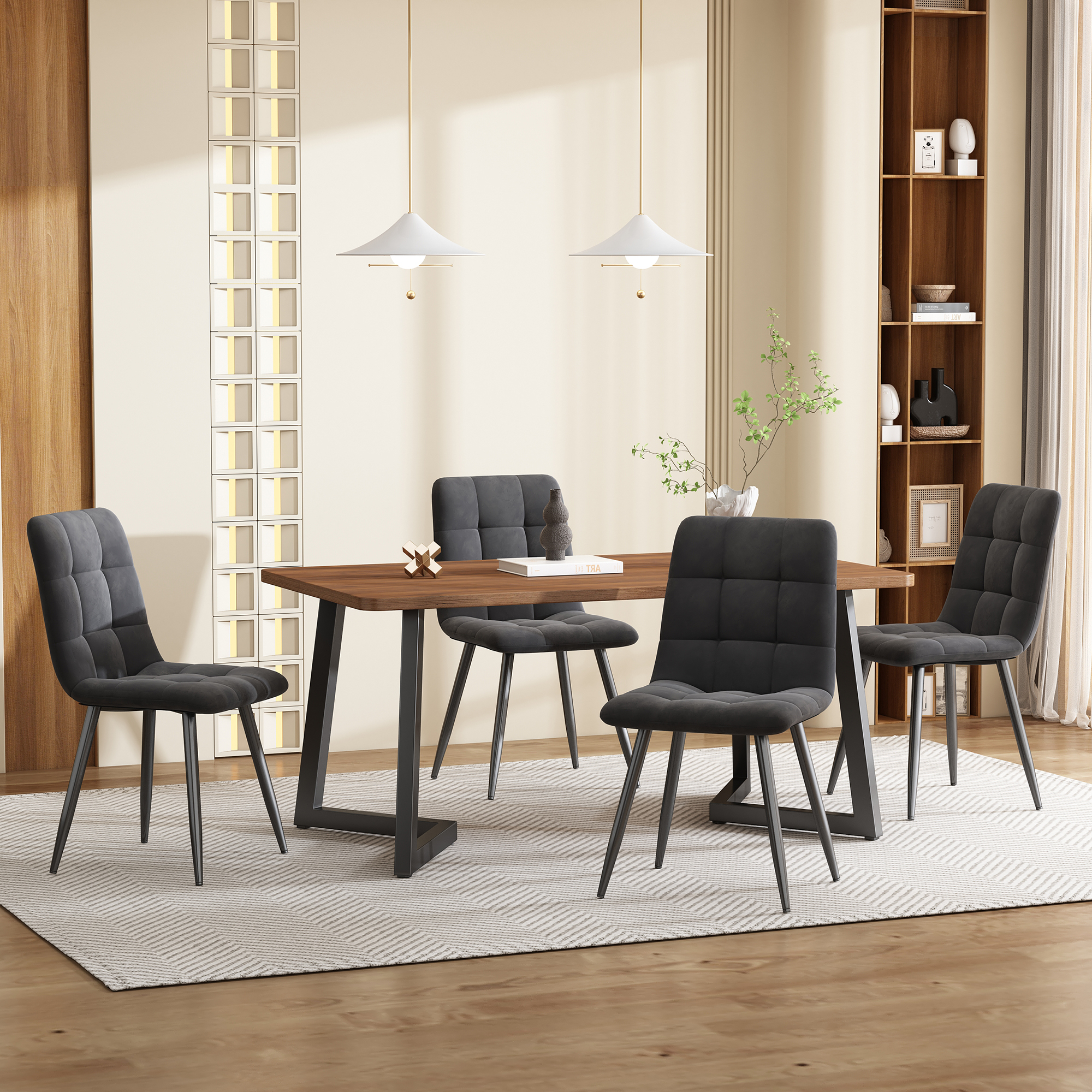 5-piece Dining Set With Table And 4 Chairs, Modern Kitchen Table Set, Wood Grain Kitchen Table With Black Metal Legs, MDF Tabletop In Walnut Color, Da