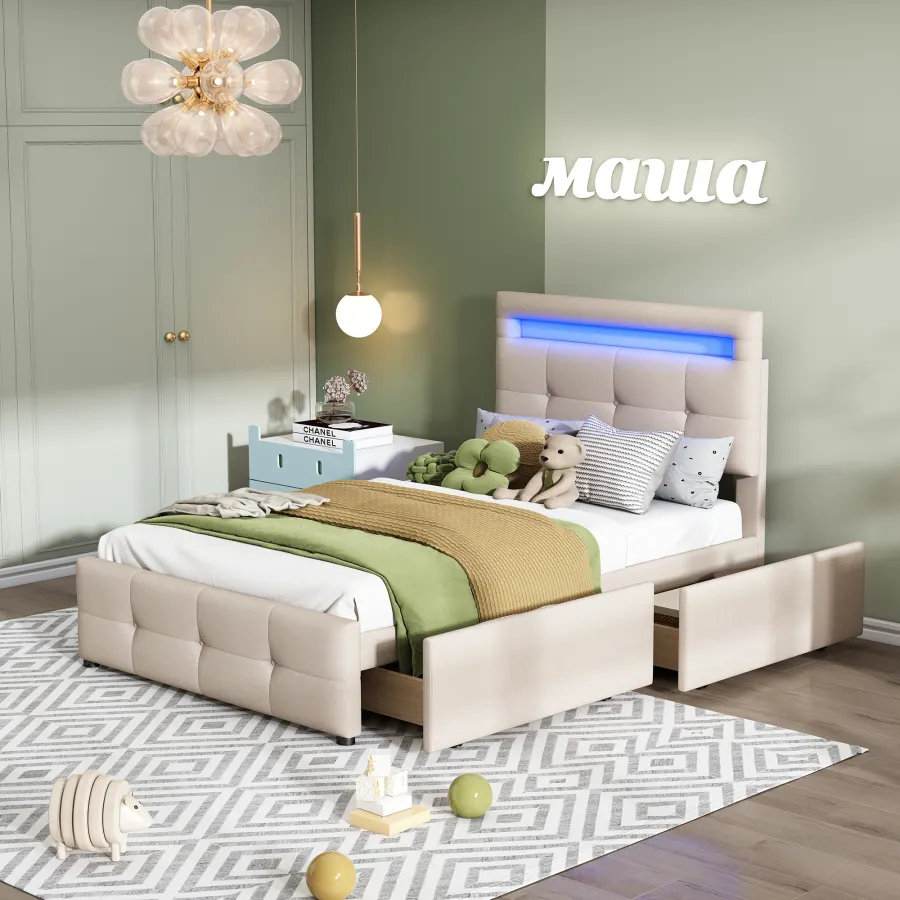 Upholstered Bed 90x200cm With LED Lights