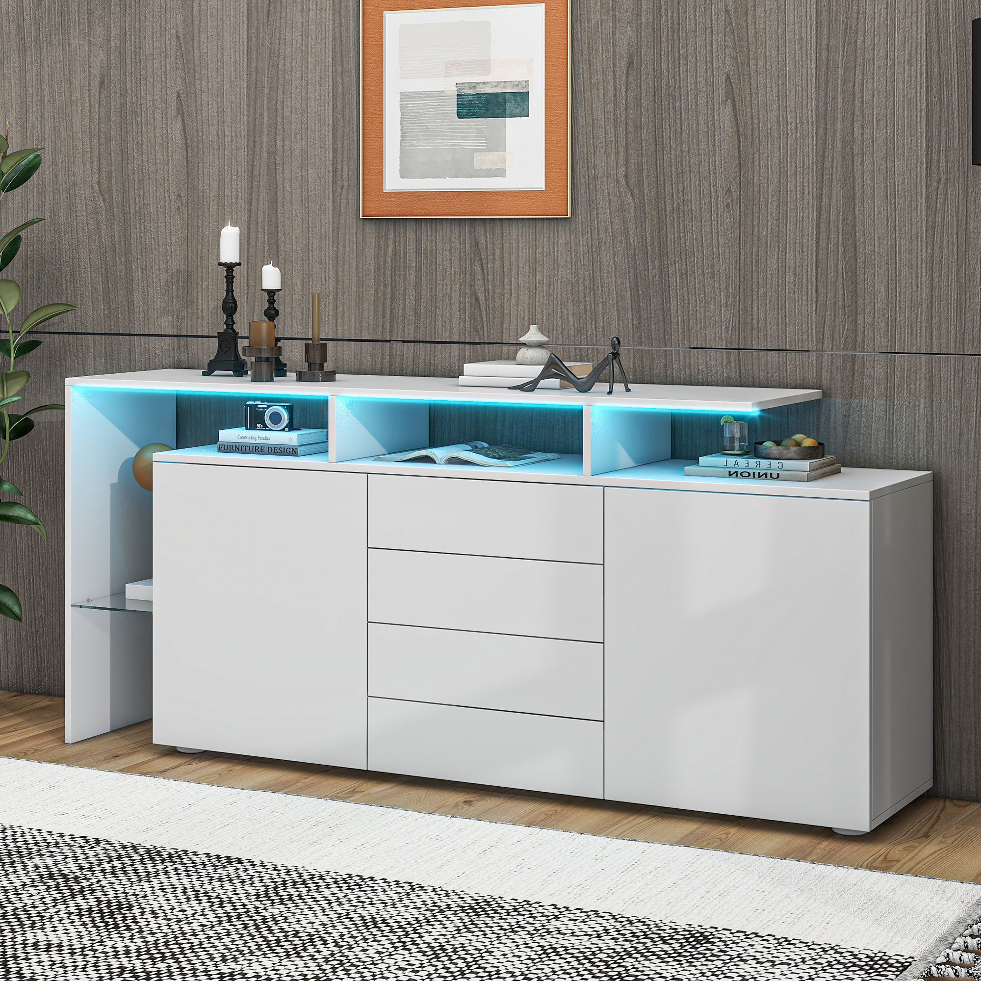 Chest Of Drawers, Sideboard With LED, Living Room Furniture In White High Gloss, Living Room Cabinet, Floor Standing Cabinet, TV Cabinet, Living Room 
