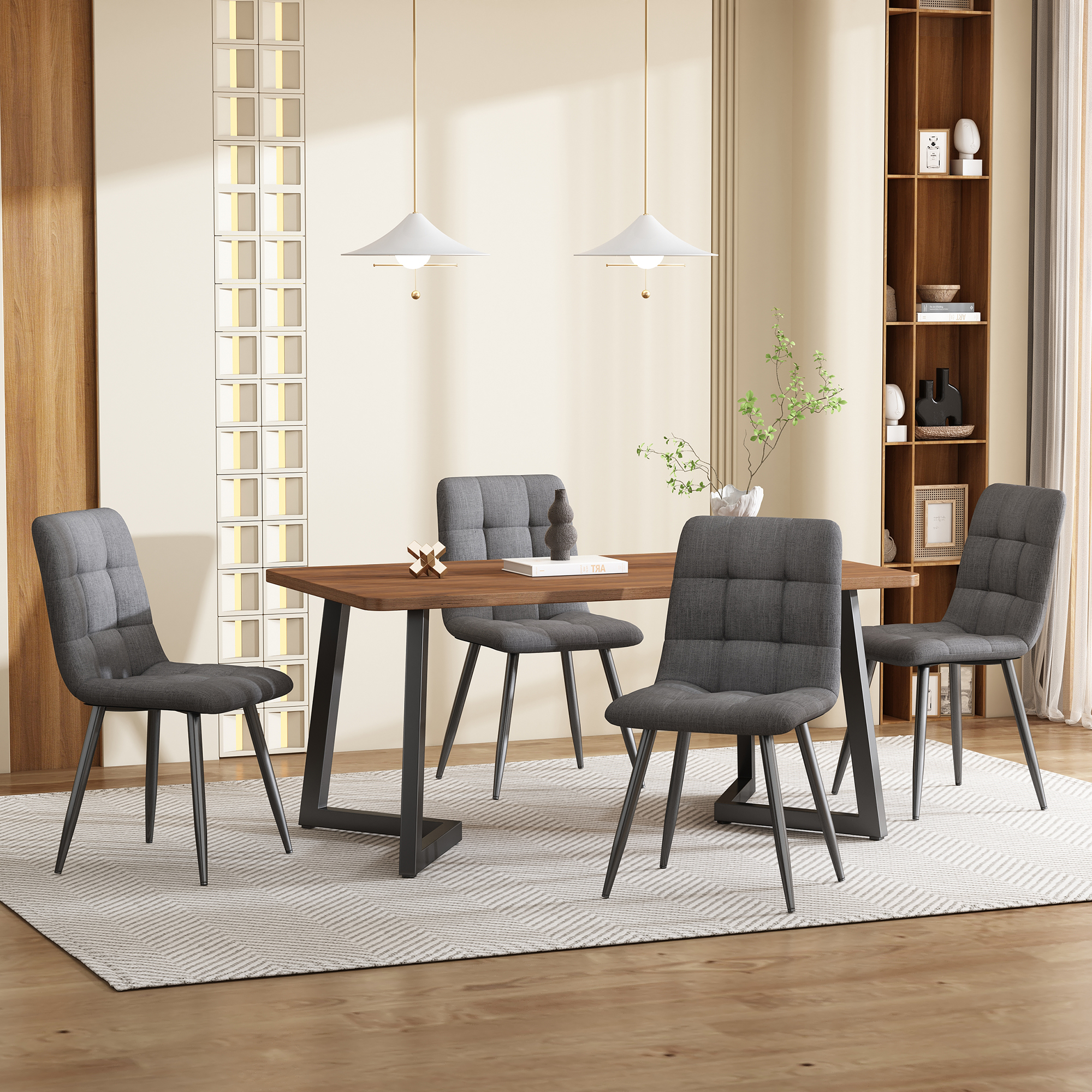 Dining Set 5-piece  Dining Table With 4 Chairs Set, Modern Kitchen Table Set, Wood-grain Kitchen Table With Black Metal Legs, MDF Tabletop In Walnut C