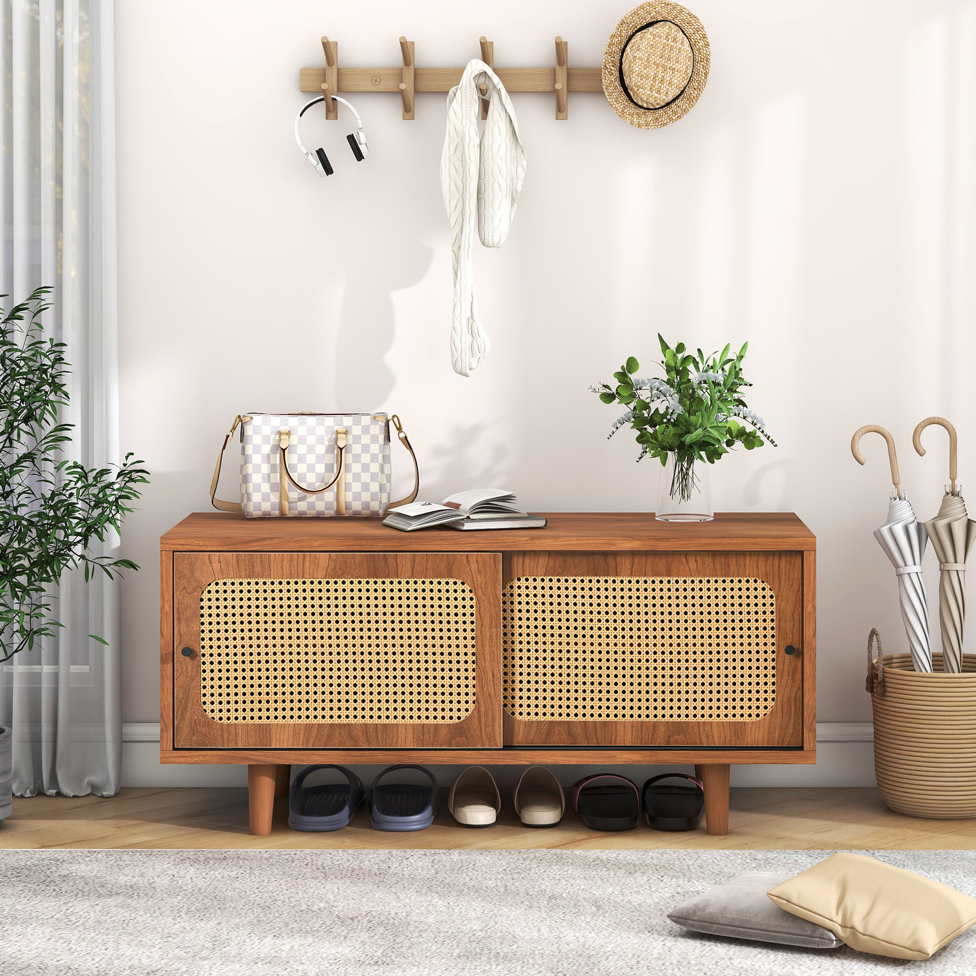 Rattan Shoe Cabinet With 2 Doors With Adjustable Shelf Walnut Color Shapely Shoe Cabinet For Hallway, Living Room And Bedroom, 104x40x48 C