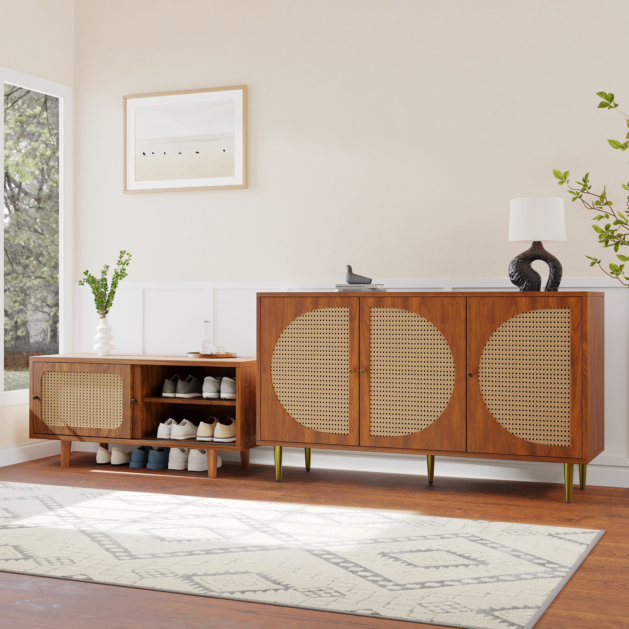 Rattan Sideboard Set For Living Room - Rattan Chest Of Drawers And Shoe Cabinet Combination, Walnut