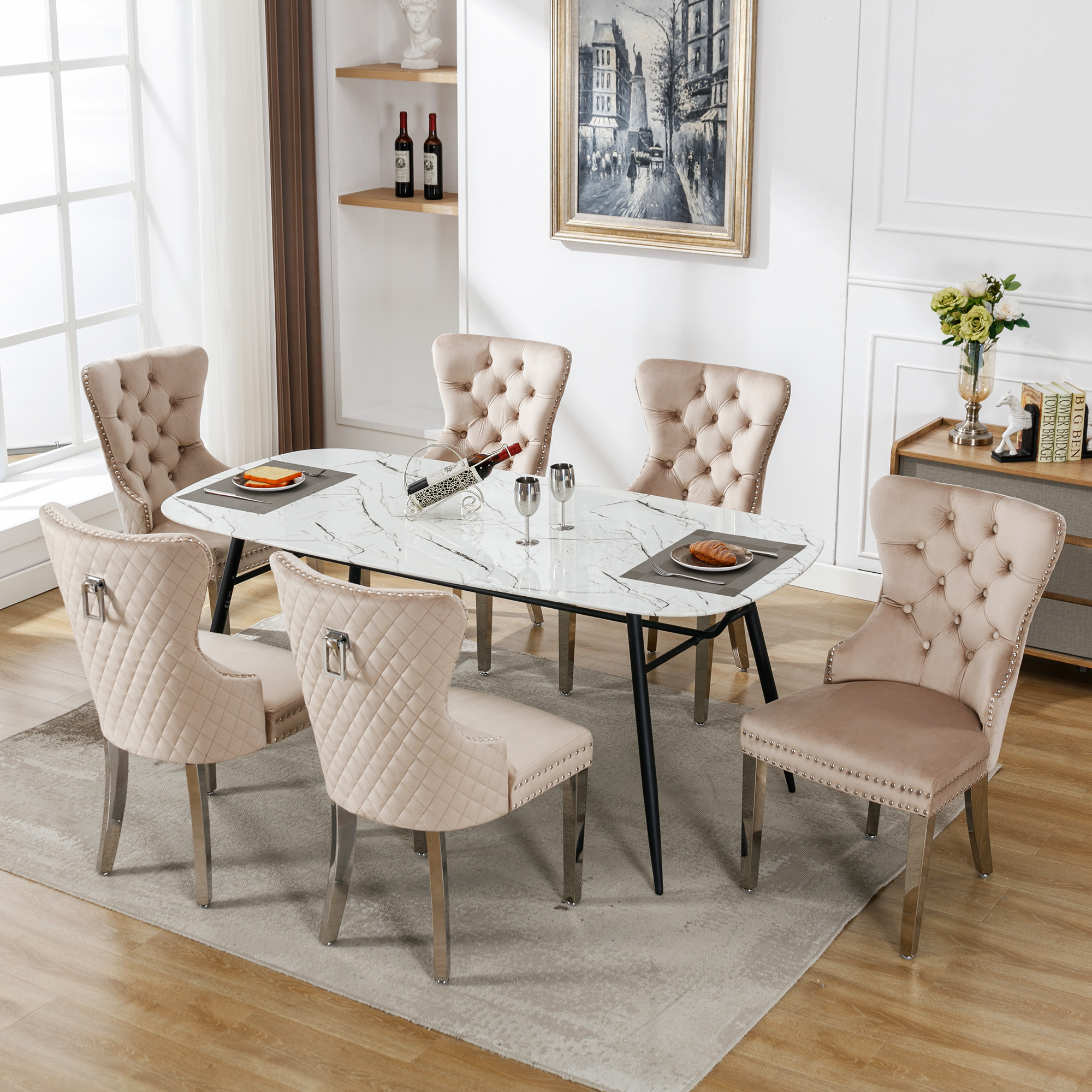Dining Chair  Kitchen Chair Living Room Chair With Unique Doorknob On The Back, 6 Pcs , Upholstered Chair With Nail Head Set,Metal Support Legs, Velve