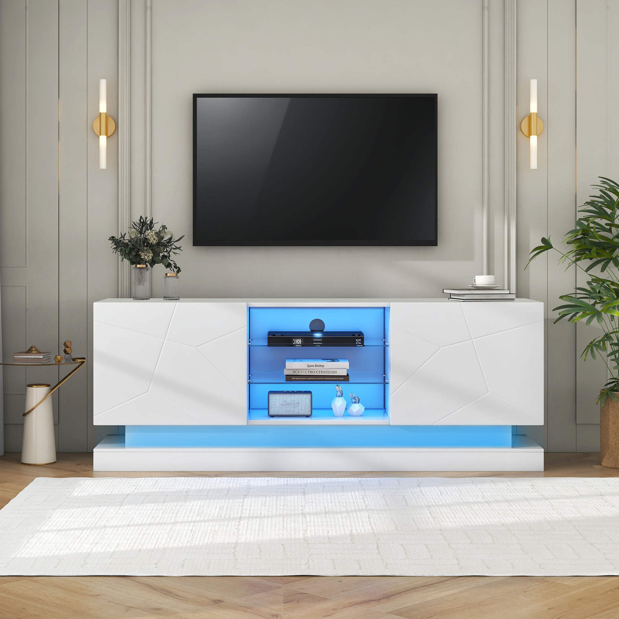 White Frosted TV Stand - 1.6 Meters Length, Adjustable Glass Shelf, 70 Inches Space, Stylish Storage With Silent Hinges