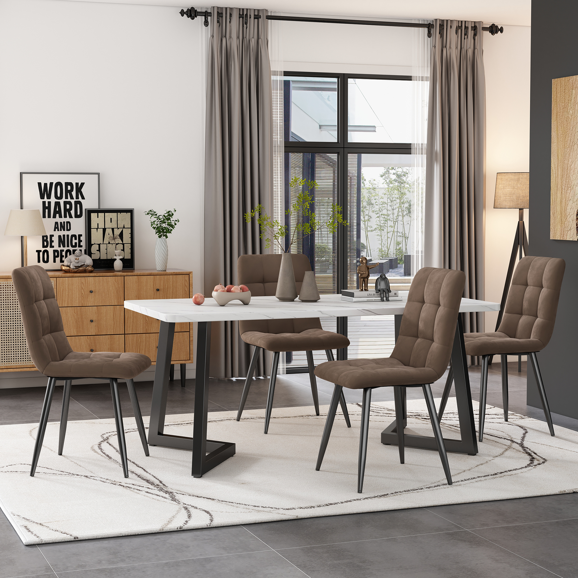 Dining Set, Set, 117x68cm Dining Table With 4 Chairs, Rectangular Dining Table, Modern Kitchen Table Set, Dining Chair Brown Velvet Kitchen Chair, Bla