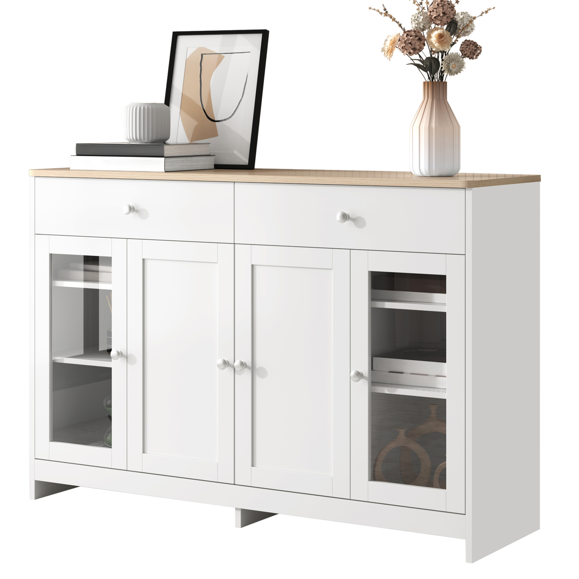 Sideboard With White Wood Grain, Four Doors, Two Drawers, And Glass-fronted Doors. Suitable For Living Room And Dining Room. Wood Finish And White.