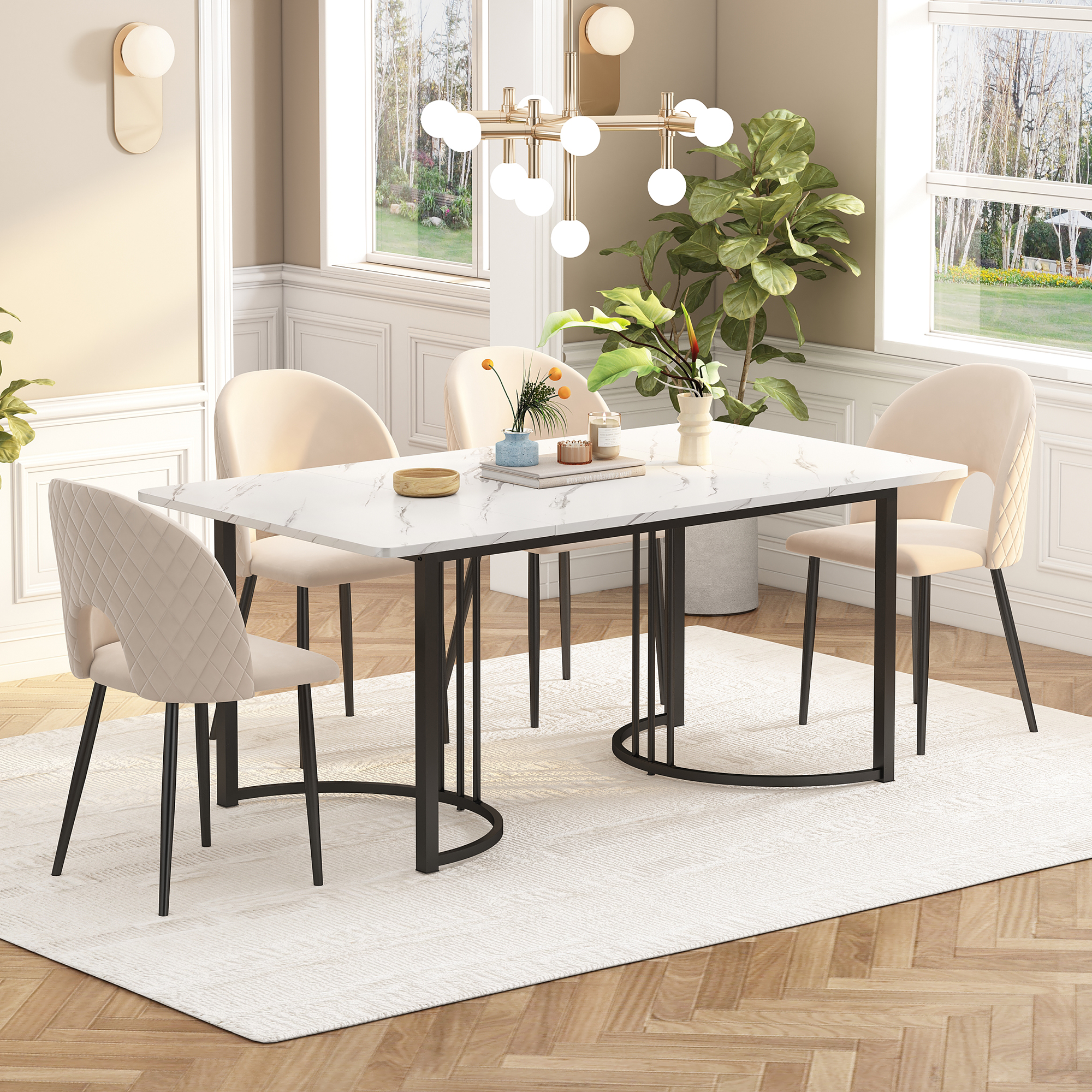 Dining Set, Set, 140x80cm Dining Table With 4 Chairs, Modern Kitchen Table Set, Velvet Dining Chair With Diamond Pattern, Adjustable Chair Legs, Beige