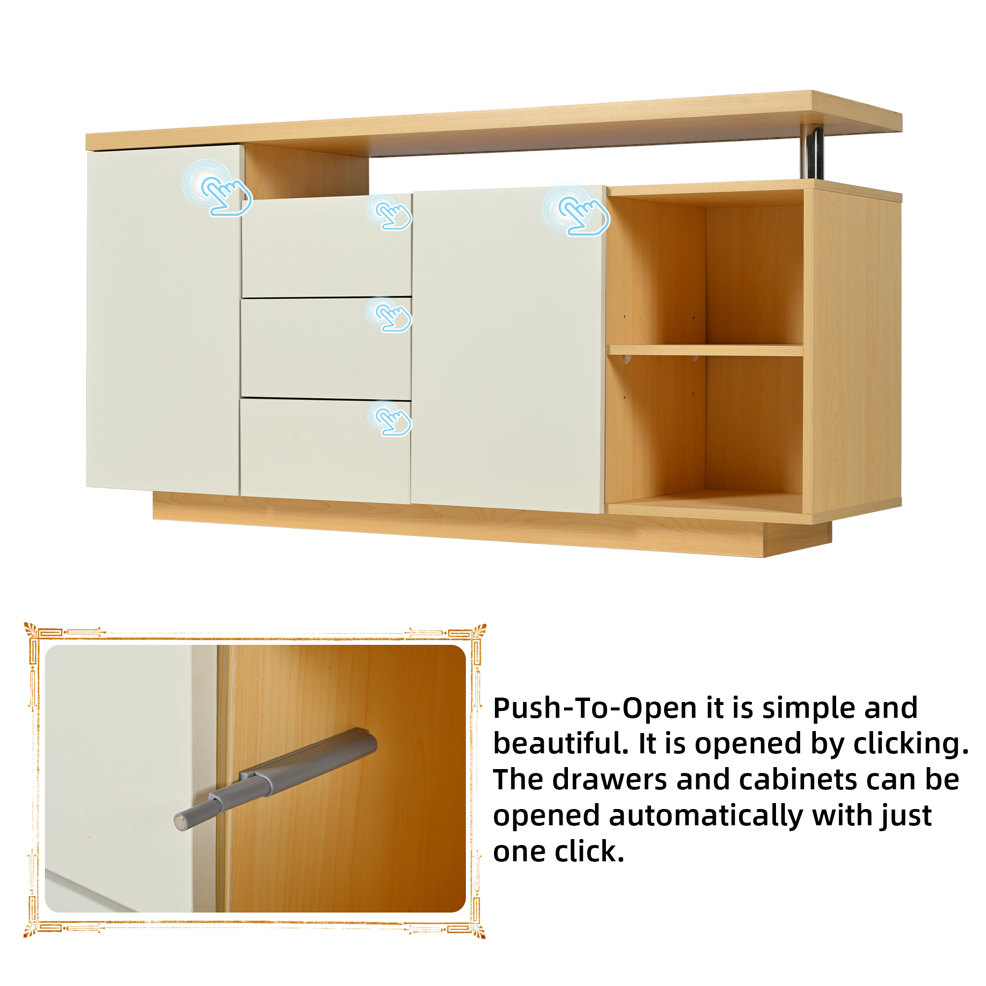Multifunctional Sideboard, Length 140 Cm, White And Imitation Wood - 2 Doors, 3 Drawers, 2 Open Compartments, With LED Lighting 4