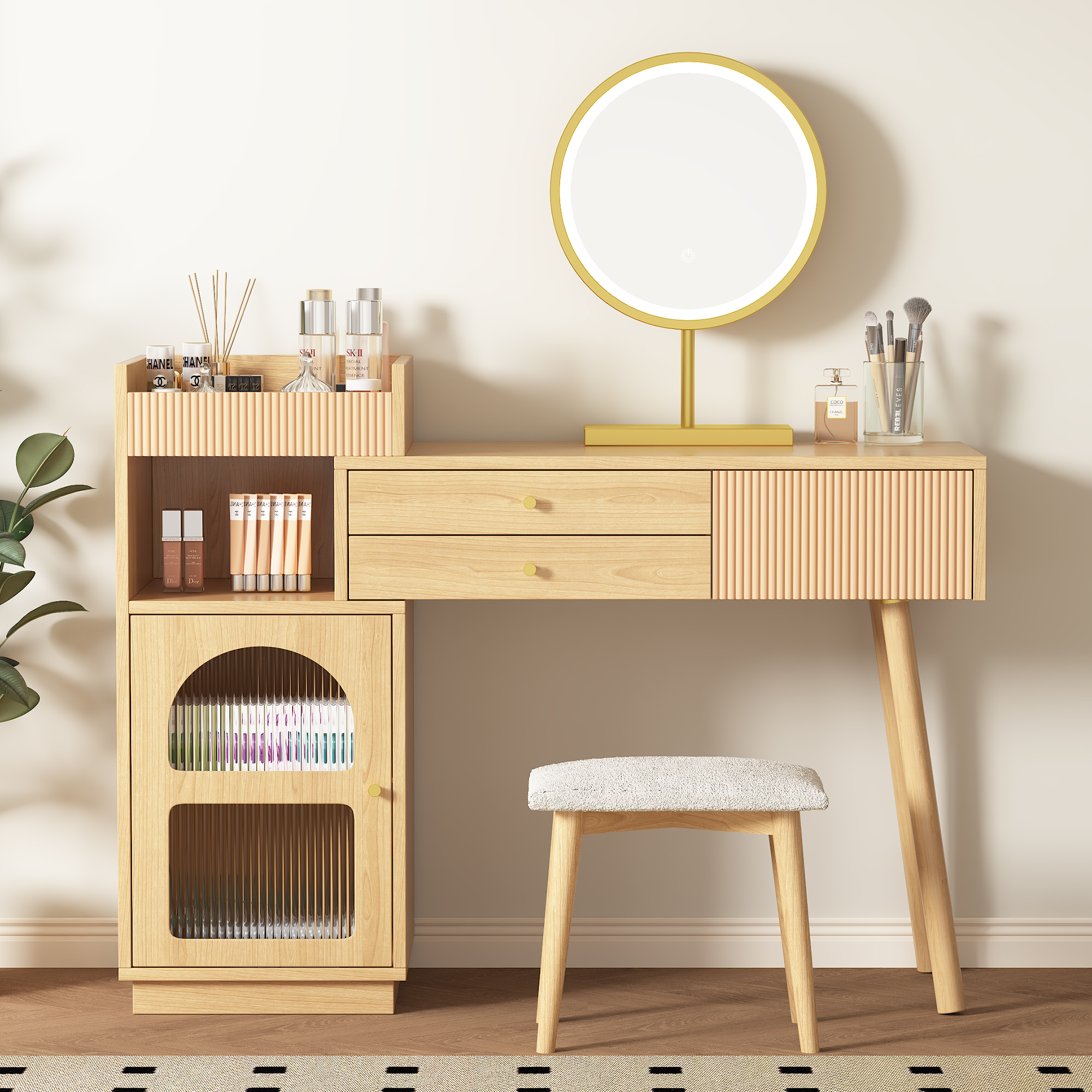 Dressing Table Set, Makeup Table With LED Mirror And 3-color Lighting, Wooden Dressing Table For Bedroom Studio - Dimensions W120 H90 D40 Cm Without S