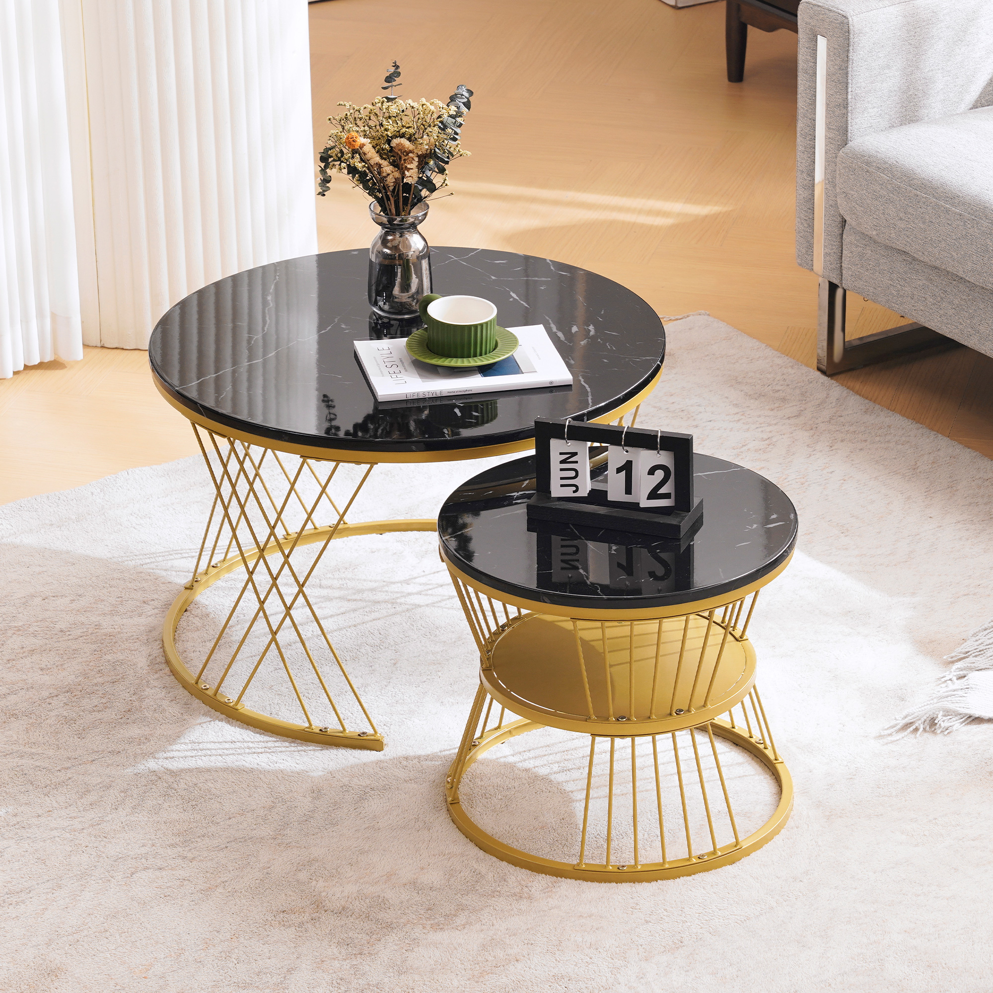 WF319028AAB Modern Nesting Coffee Table Set, High-Gloss Finish, Marble Veneer Tops, Round End Tables, Set Of 2, Gold-Colored Frame