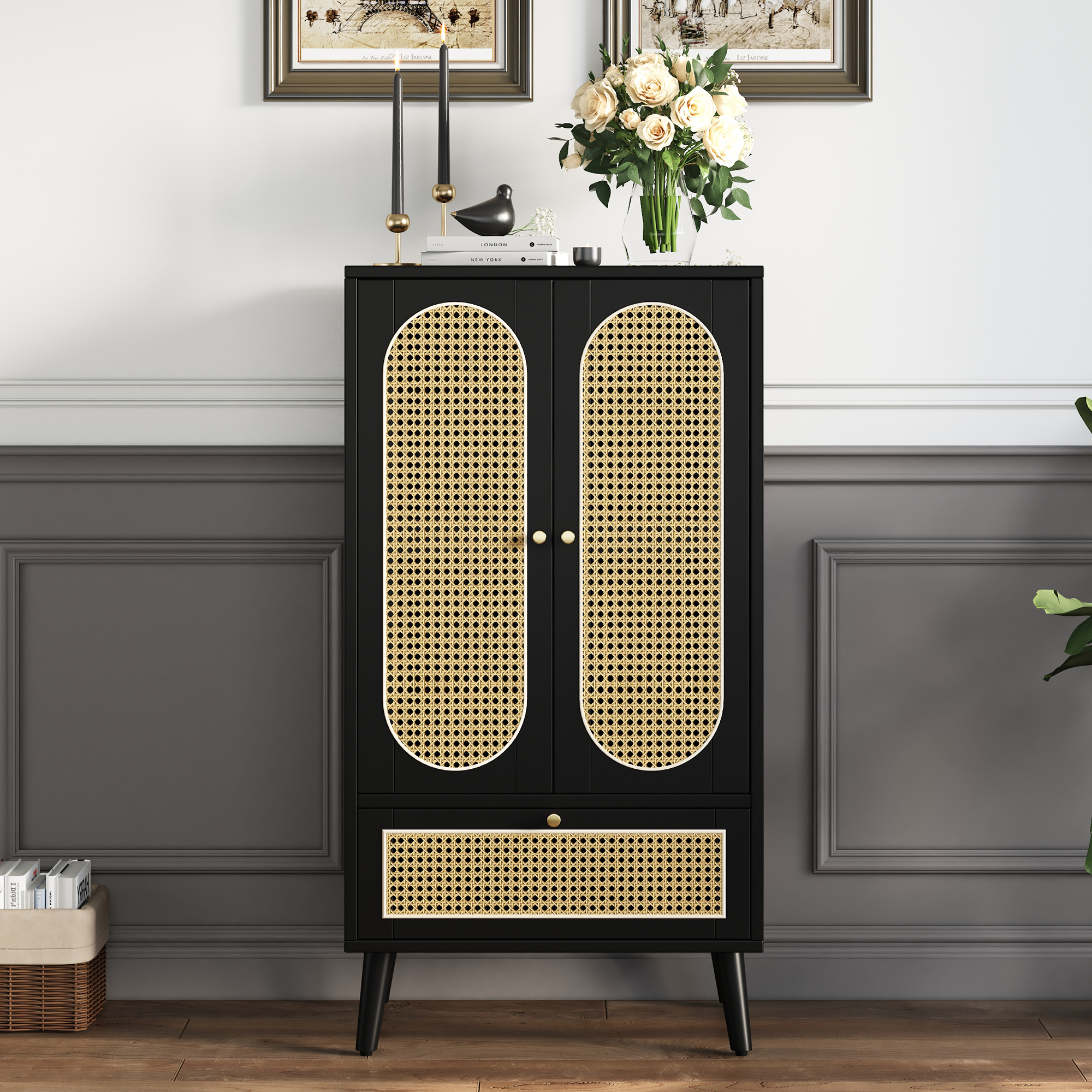 Compact Sideboard 1.1m, Rattan Design, Black, 2 Doors, 1 Drawer, Highboard, Dining Room Cabinet, Bookshelf - Versatile Storage Solutions