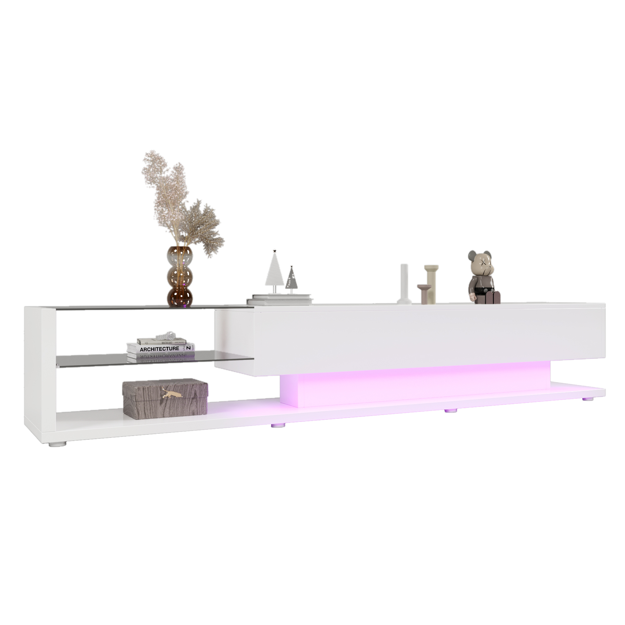 TV Cabinets, Low Panels, High Gloss White Glass Partitions And Variable LED Lighting. It Combines Natural, Rustic Style With Modern Design