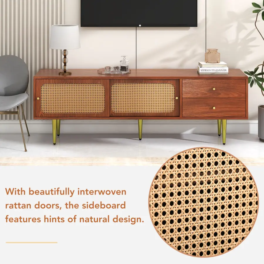 Stylish TV Stand With Rattan Sliding Doors And Practical Drawers