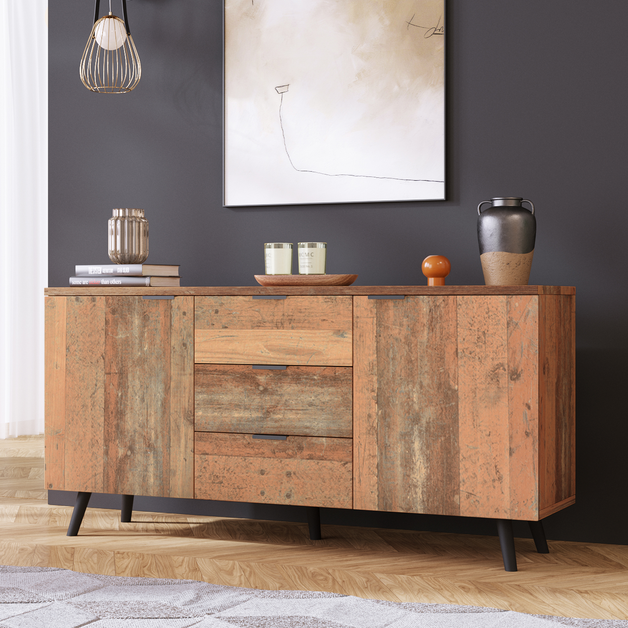 Sideboard TV Cabinet With Adjustable Shelves, Dresser, Vertical Cabinet, Storage Cabinet, Three Drawers, For Living Room, Dining Room, Bedroom, Vintage, Brown, 140cm