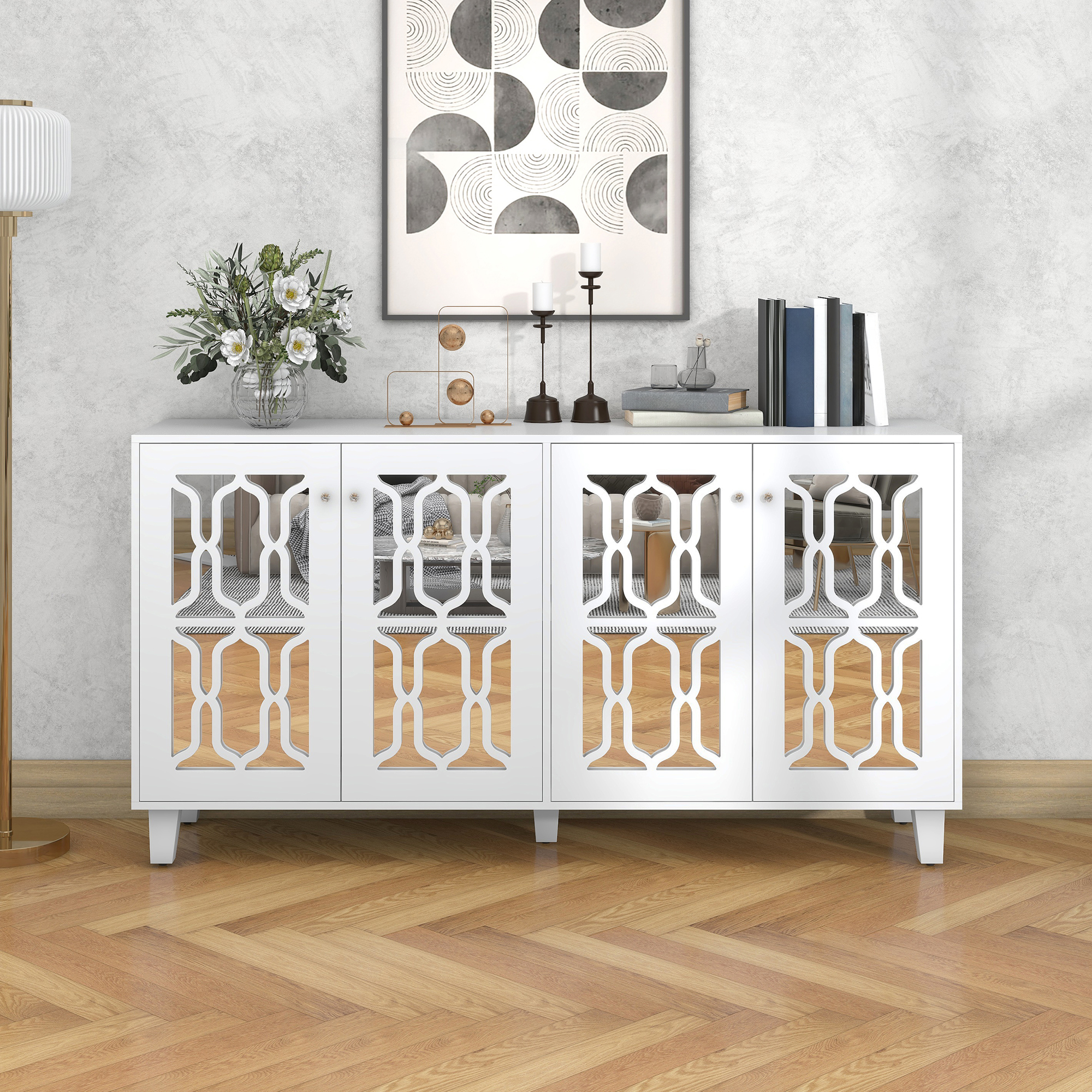 White Mirrored Sideboard With Cool Crystal Handles, Four Doors, With Movable Laminate.for Living And Dining Room, 160 X 40 X 84cm
