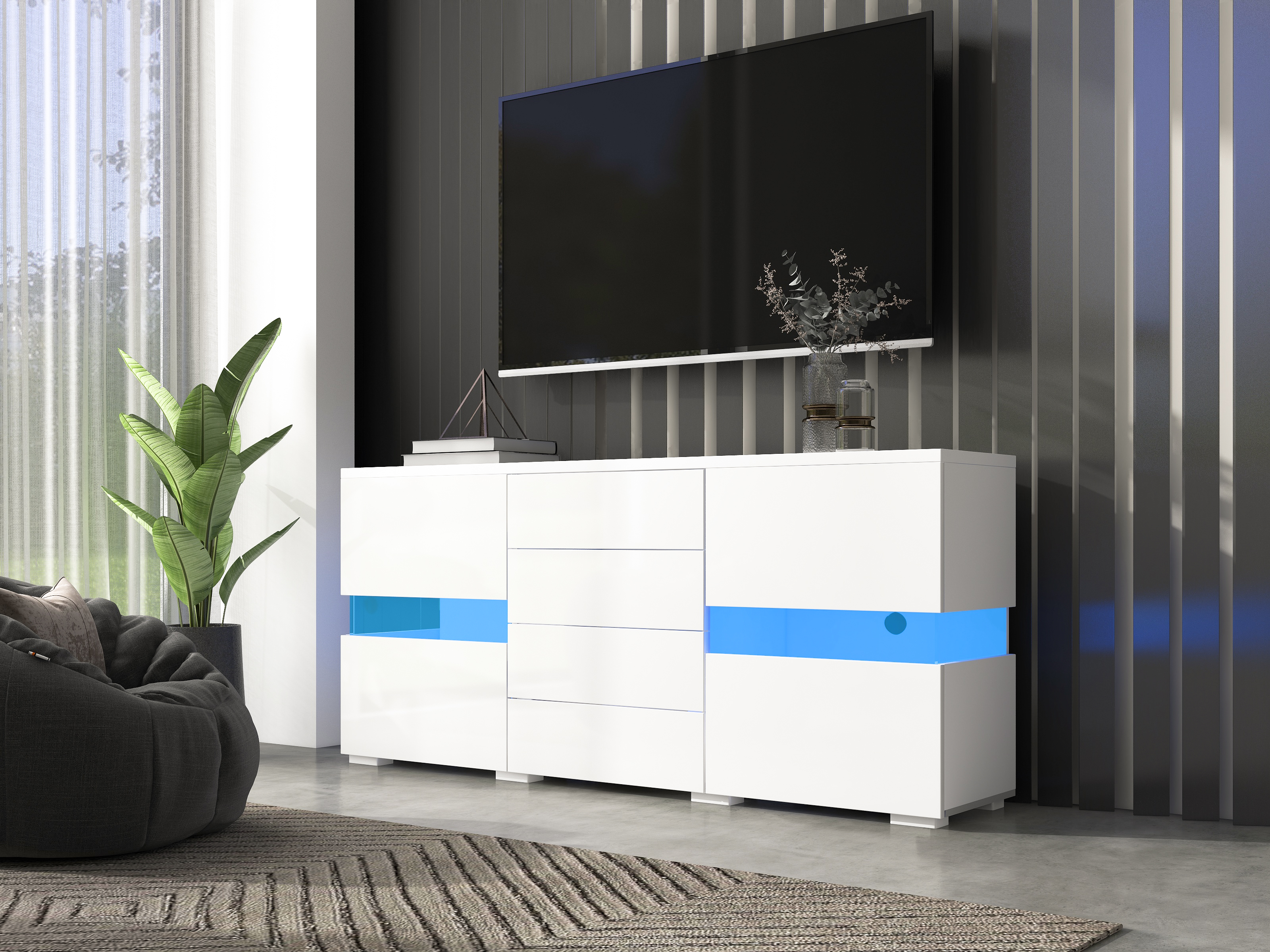 High Gloss White Sideboard Storage Cabinet Unit With 16 Colors LED Lights For Dining Room Living Room 5